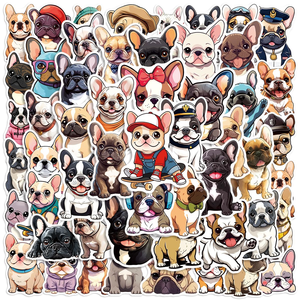 French Bulldog Stickers 50-Pack, Waterproof Vinyl Graffiti Decals for Laptop, Suitcase, Water Bottle, Journal, Locker - Cartoon Dog Stickers for DIY Decor