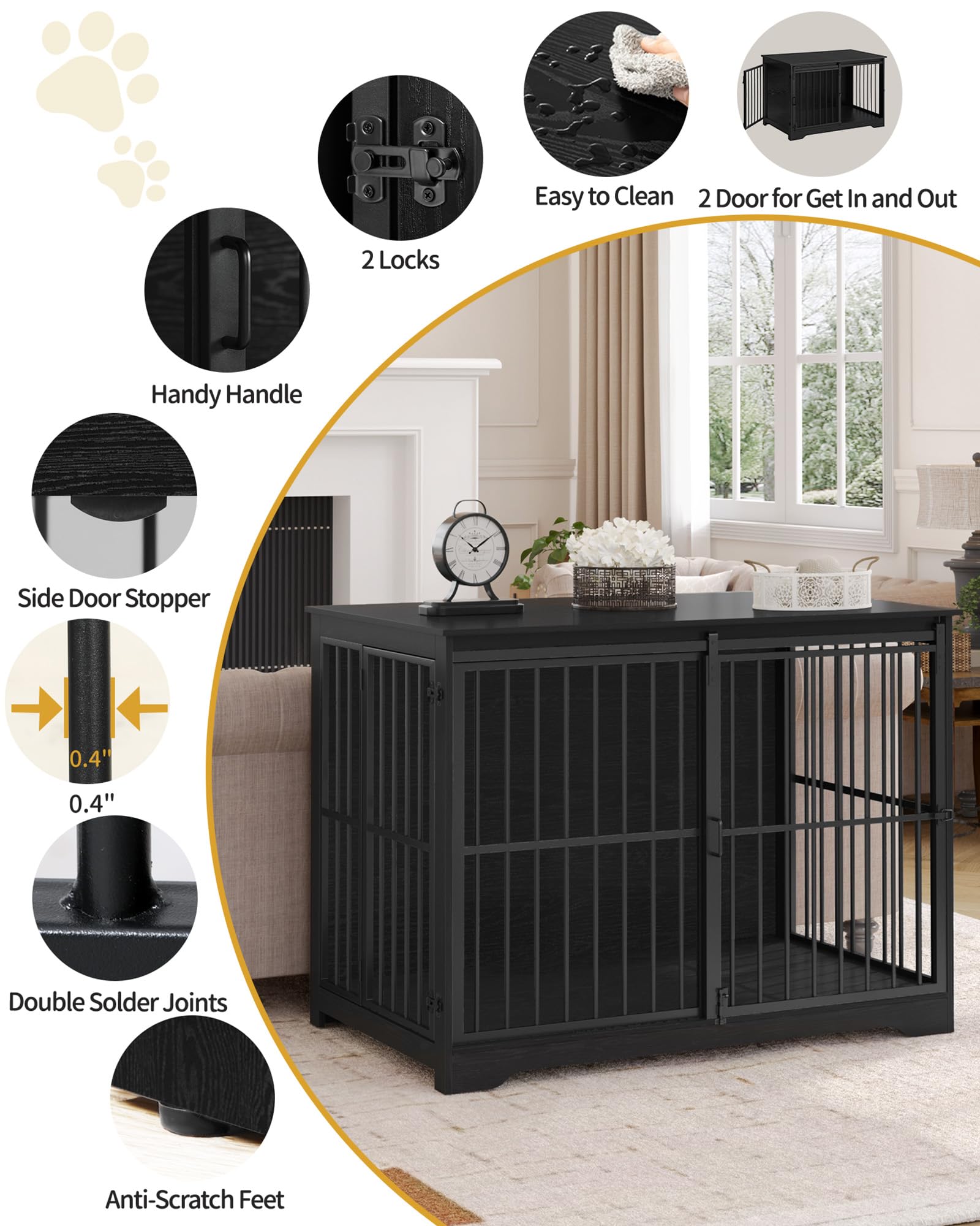 Hzuaneri XXL Large Dog Crate Furniture, 46.9" Indoor Dog Kennel Furniture with Barn Door, Wooden Tall Dog Crate, Heavy Duty Dog Cage for Large Dogs, Side End Table, Anti-Chew, Black DFC83804B