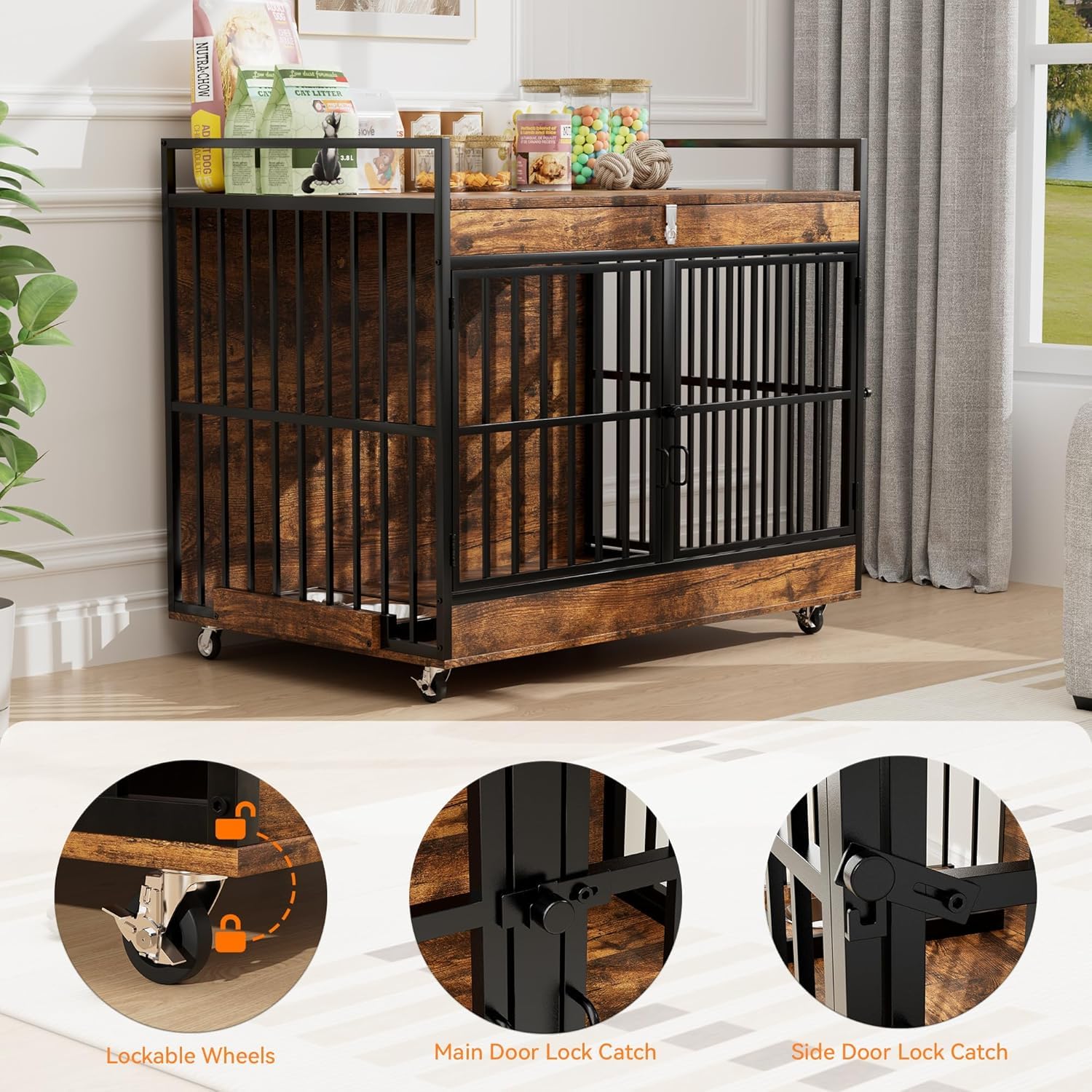 NEWBULAND 45 Inch Dog Crate Furniture for Large Dog with 2 Stainless Steel Bowls, Heavy Duty Dog Kennel Indoor, Large Wooden Dog Crate Table for Decorate House As TV Stand, End Table
