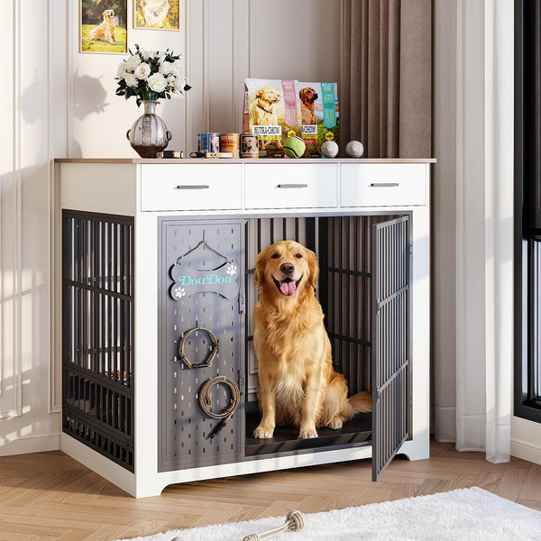 HOTAMO 45" Dog Crate Furniture for Large Dogs, Heavy Duty Wooden Indoor Dog Kennel with 360° Rotating Bowls, 3 Drawers, Name Plate, Pull-Out Tray, Farmhouse End Table, White & Walnut