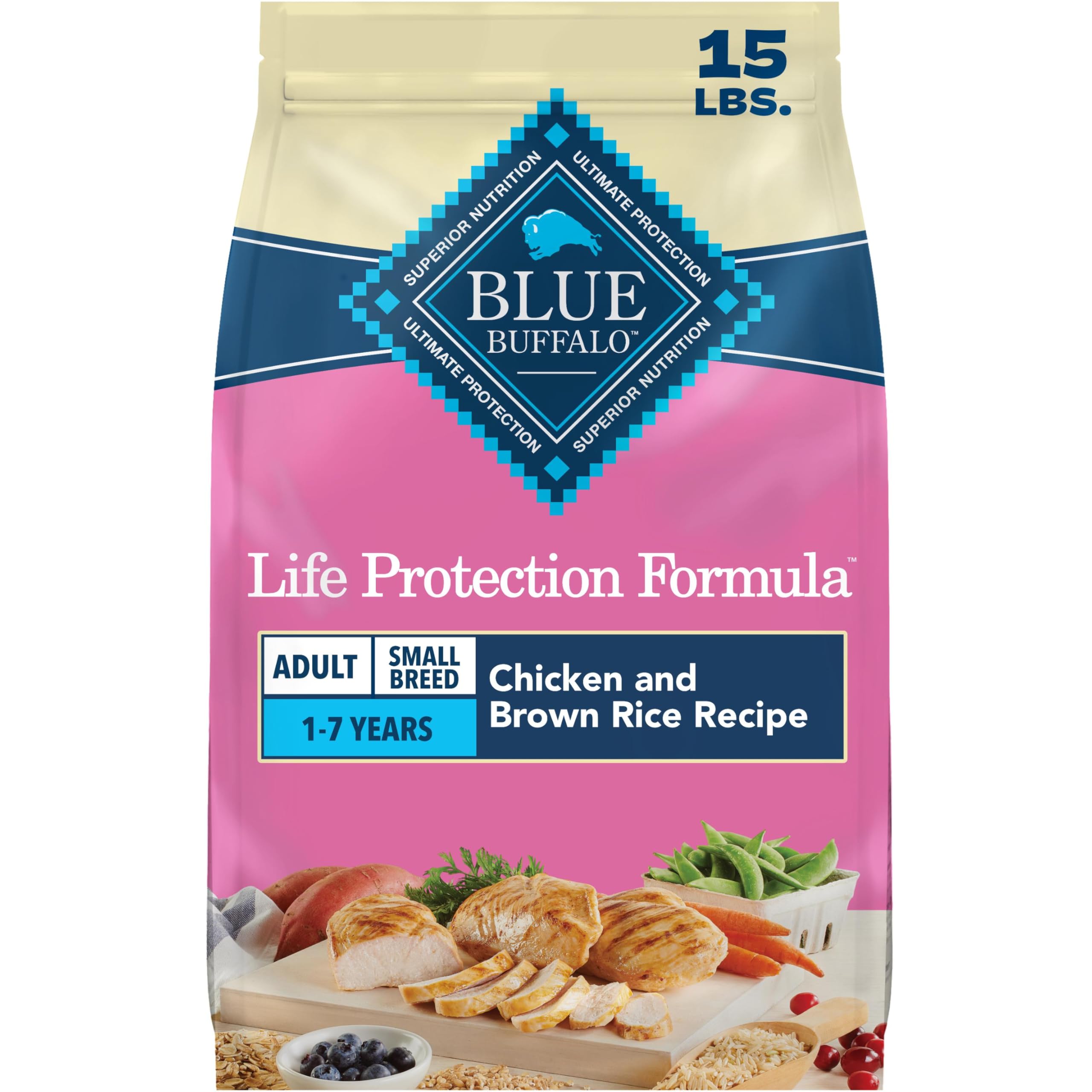 Blue Buffalo Life Protection Formula Chicken & Brown Rice Small Breed Adult Dry Dog Food, Supports Immunity with Antioxidant-Rich LifeSource Bits, Promotes Healthy Muscles, Skin & Coat Health, 15 lbs.
