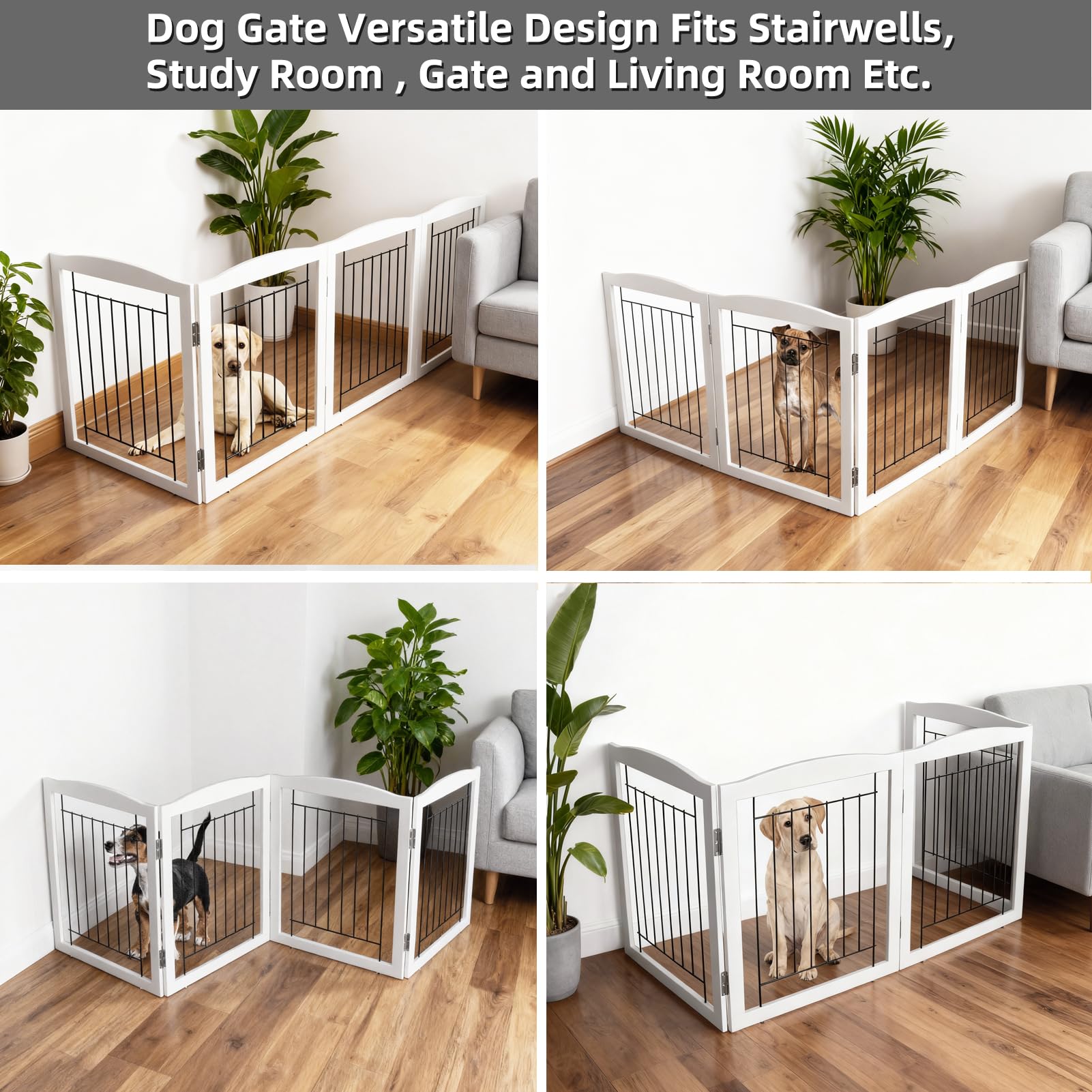 ZJSF Freestanding Foldable Dog Gate for House Extra Wide Wooden White Indoor Puppy Gate Stairs Dog Gates Doorways Tall Pet Gate 4 Panels Fence