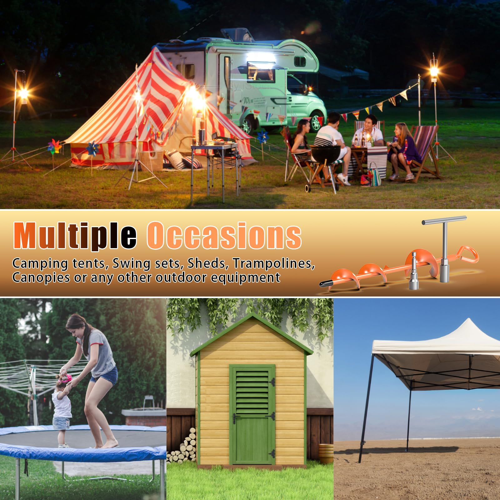 15 Inch Ground Anchors Screw in, 6 Pack Heavy Duty Earth Anchors with T Handle Hex Wrench and Power Nut Driver, Metal Trampoline Stakes Spiral Anchor Kit for Tent, Shed, Swing Set, Car Port, Canopy