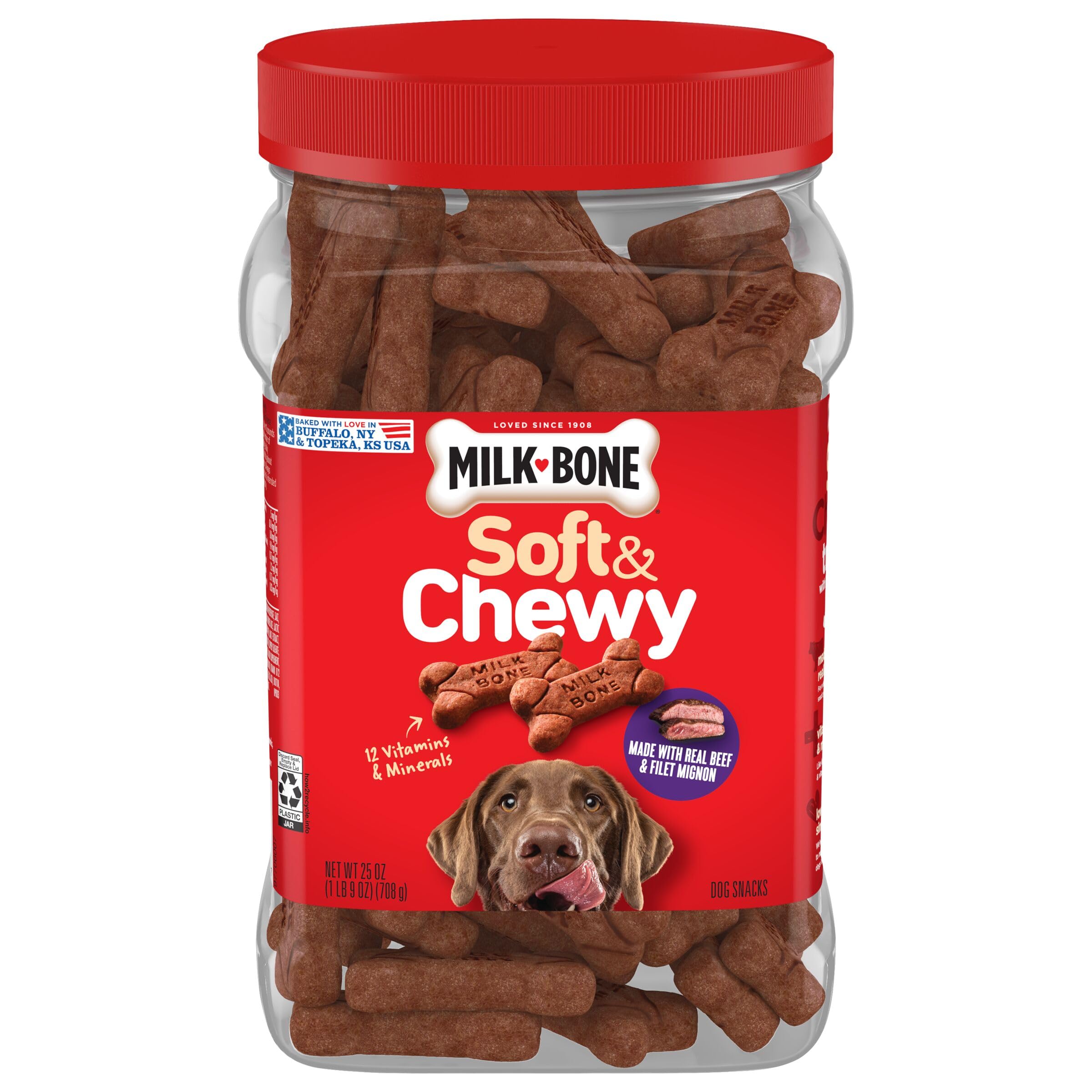 Milk-Bone Soft & Chewy Dog Treats, Made with Real Beef & Filet Mignon, 25 Ounce Canister