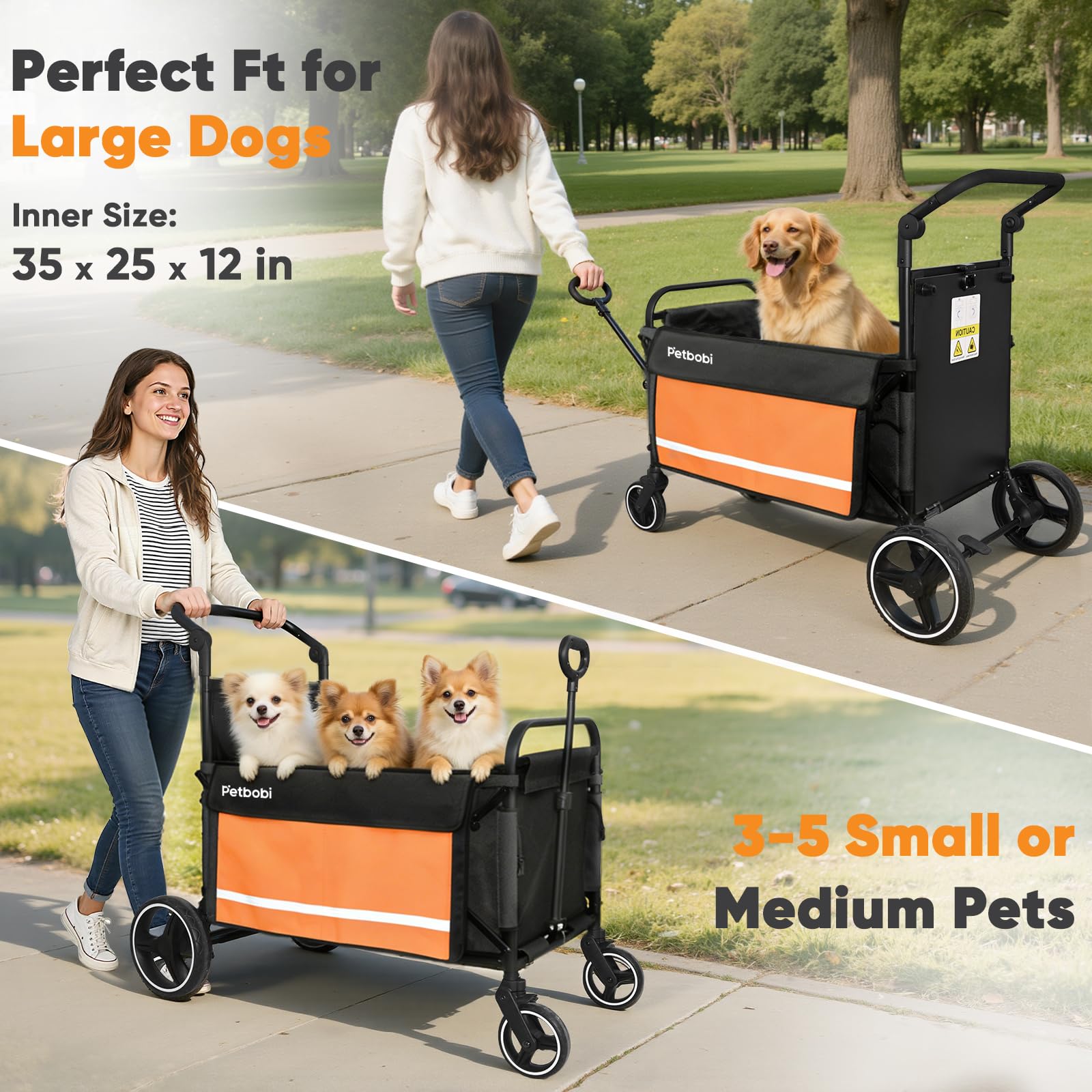 Petbobi Dog Wagon Stroller for Large & Medium Dogs, 2-in-1 Push Pull Pet Cart with Ramp, Foldable Wagon, 360° Swivel Wheels, Adjustable Handles, Safety Leashes, Orange