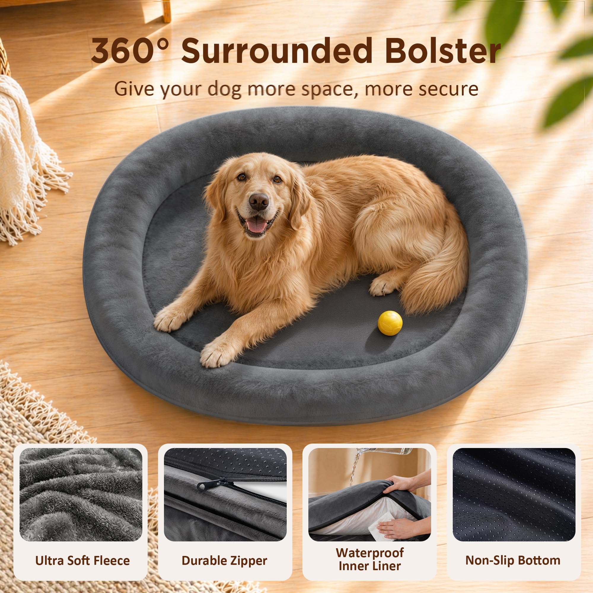 WOZOKE Orthopedic Dog Bed for Large Dogs, Waterproof Dog Bed for Large Size Dogs with Bolsters, Egg Crate Foam Sofa Bed with Washable Removable Cover & Non-Slip Bottom, Dark Grey
