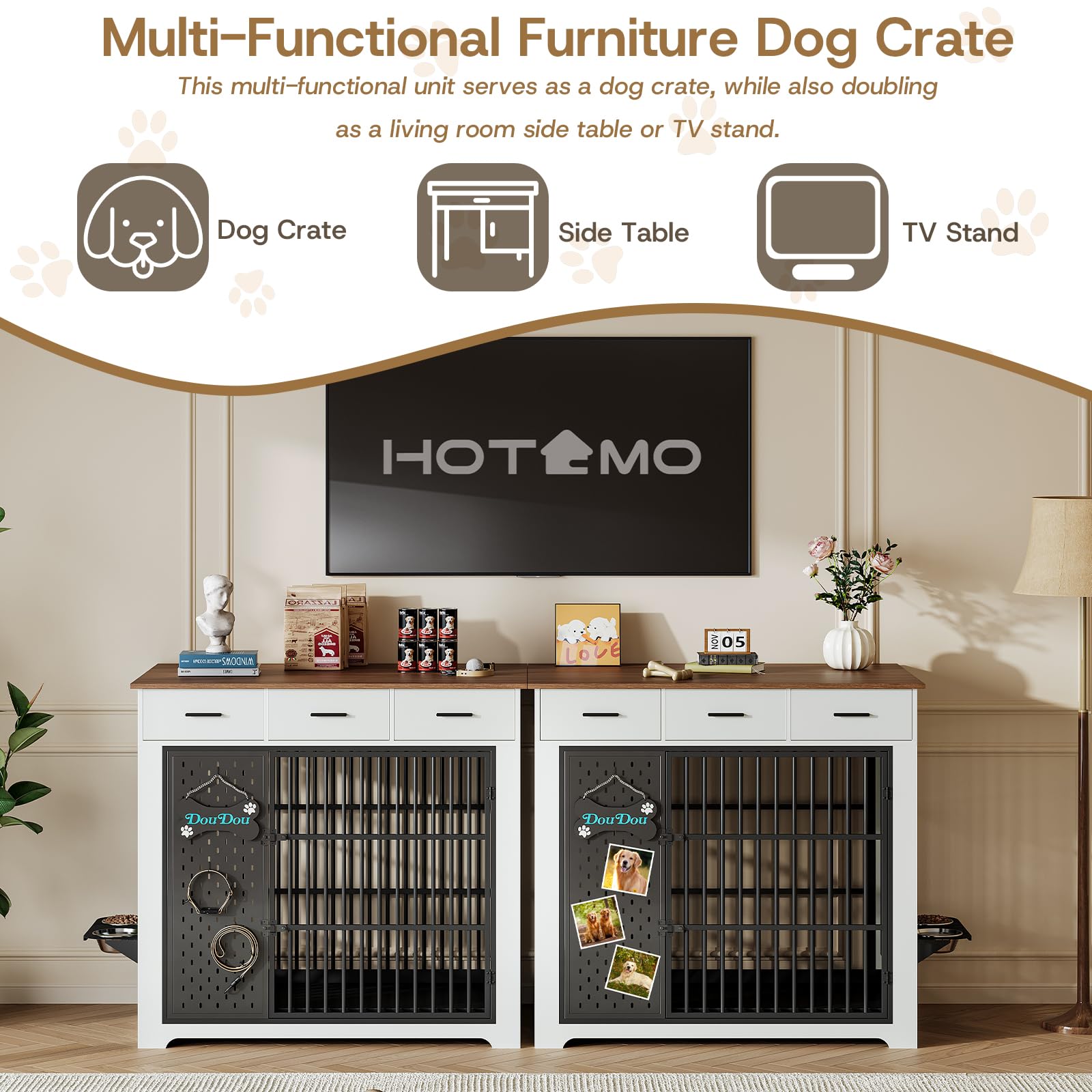 HOTAMO 45" Dog Crate Furniture for Large Dogs, Heavy Duty Wooden Indoor Dog Kennel with 360° Rotating Bowls, 3 Drawers, Name Plate, Pull-Out Tray, Farmhouse End Table, White & Walnut