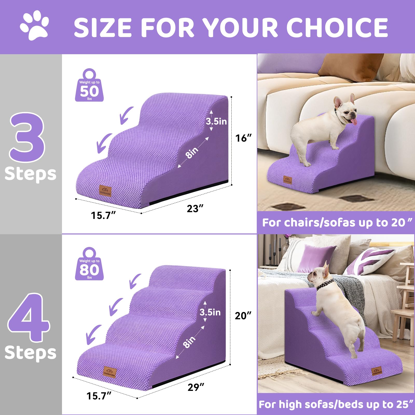 Zerbuger Dog Ramp and Stair for Bed 16" H-20 H,3-Step Cat Stair for Sofa and Chair,4-Step Dog Ramp for High Bed and Window,Durable Nonslip Fabric Stair for Indoor (Purple-16 H, Pet Friendly, 3)