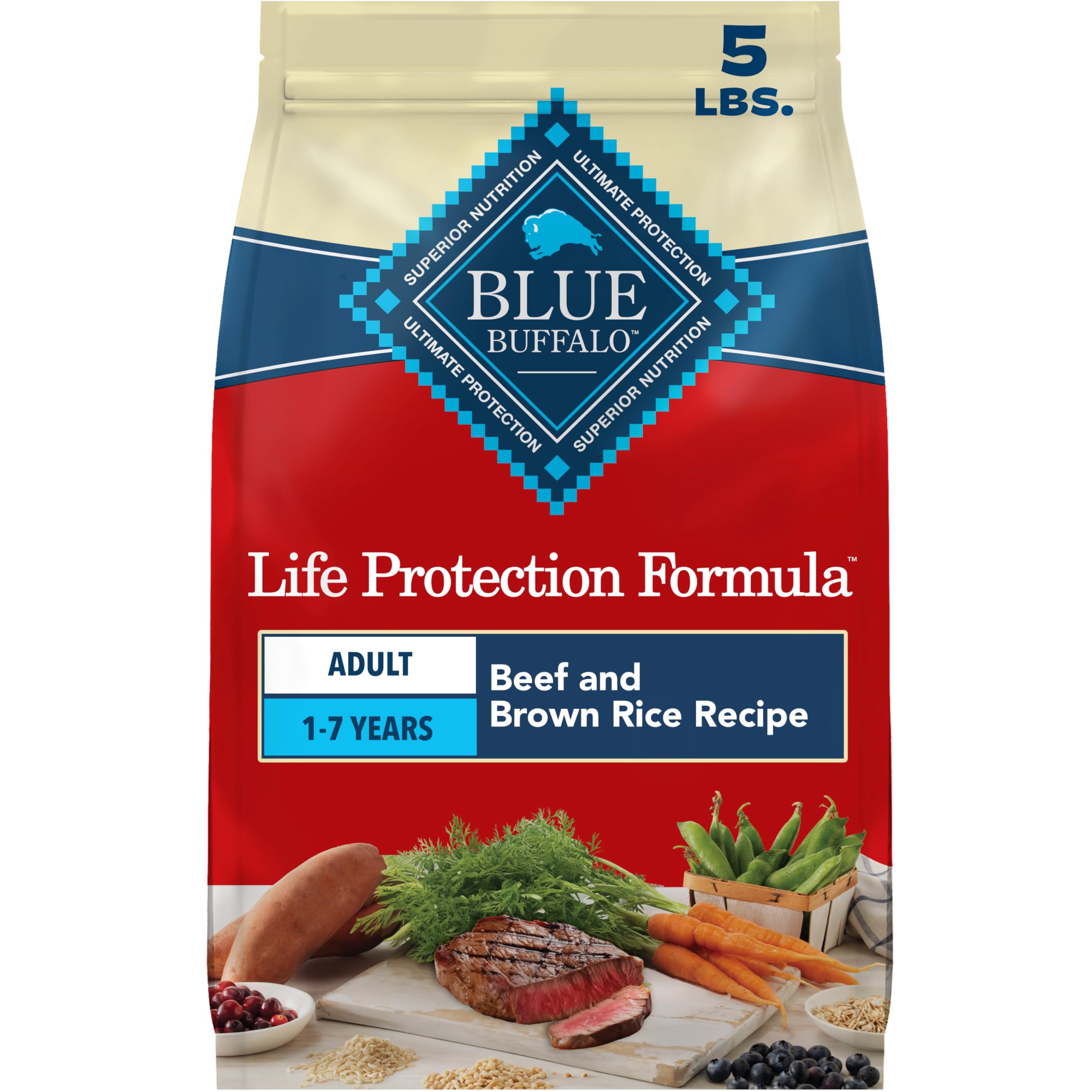 Blue Buffalo Life Protection Formula Beef & Brown Rice Adult Dry Dog Food, Supports Immunity with Antioxidant-Rich LifeSource Bits, Promotes Healthy Muscle Development, Skin & Coat Health, 5 lbs.