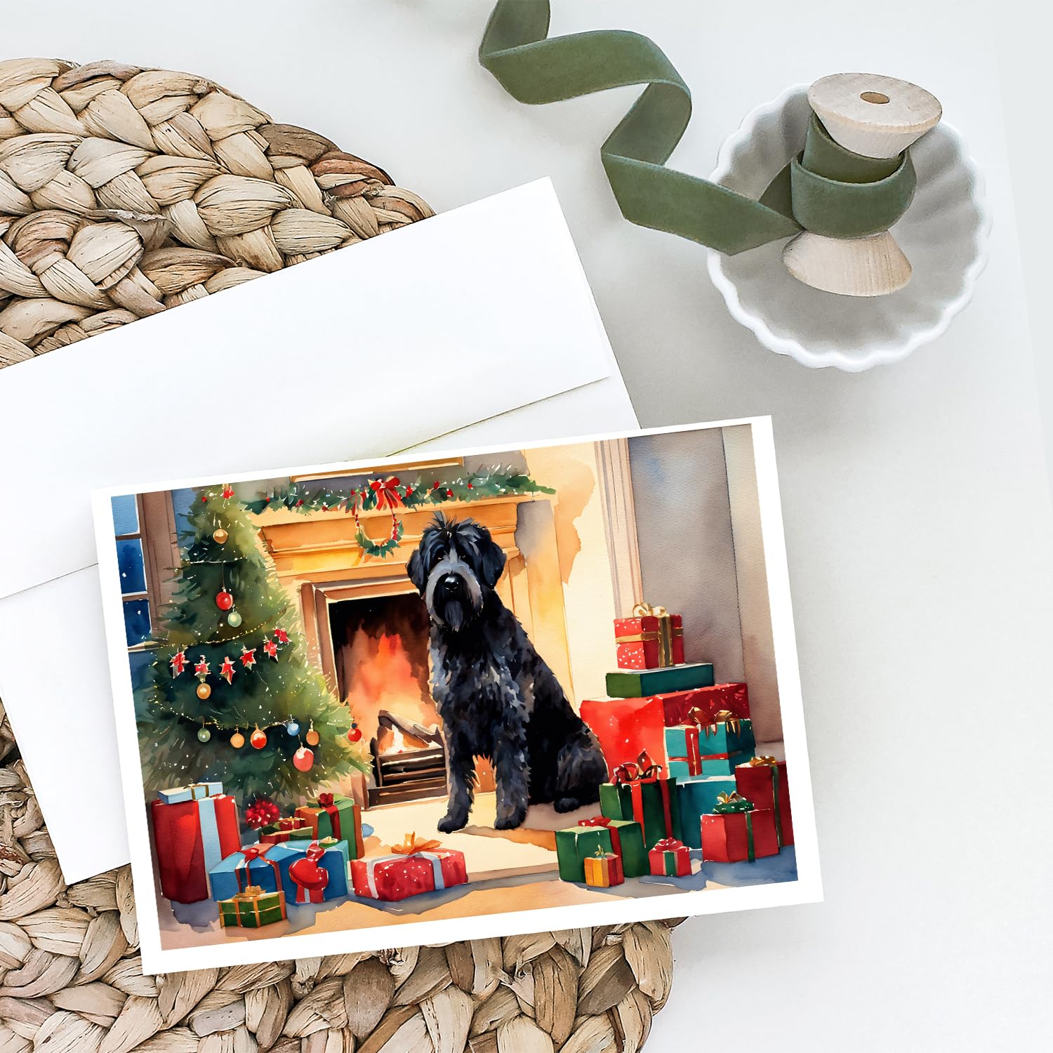 Caroline's Treasures DAC2619GCA7P Bouvier des Flandres Cozy Christmas Greeting Cards Pack of 8 Blank Cards with Envelopes Whimsical A7 Size 5x7 Blank Note Cards