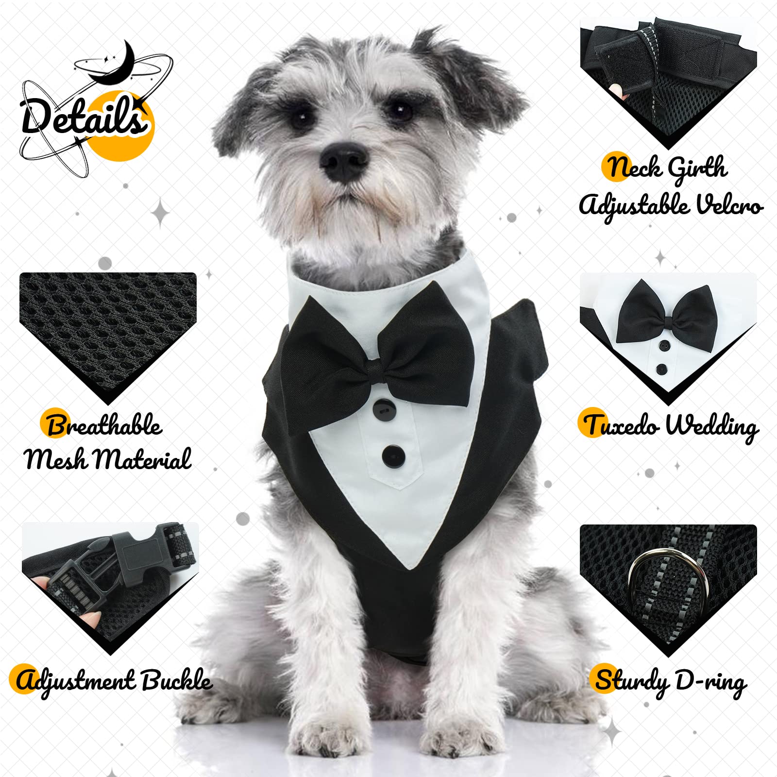 OUOBOB Dog Tuxedo Harness, No Pull Dog Tuxedo Vest Harness with Leash, Adjustable Doggie Wedding Suit Costume with Bow Tie for Small Medium Dogs, Birthday, Walking (Balck M)