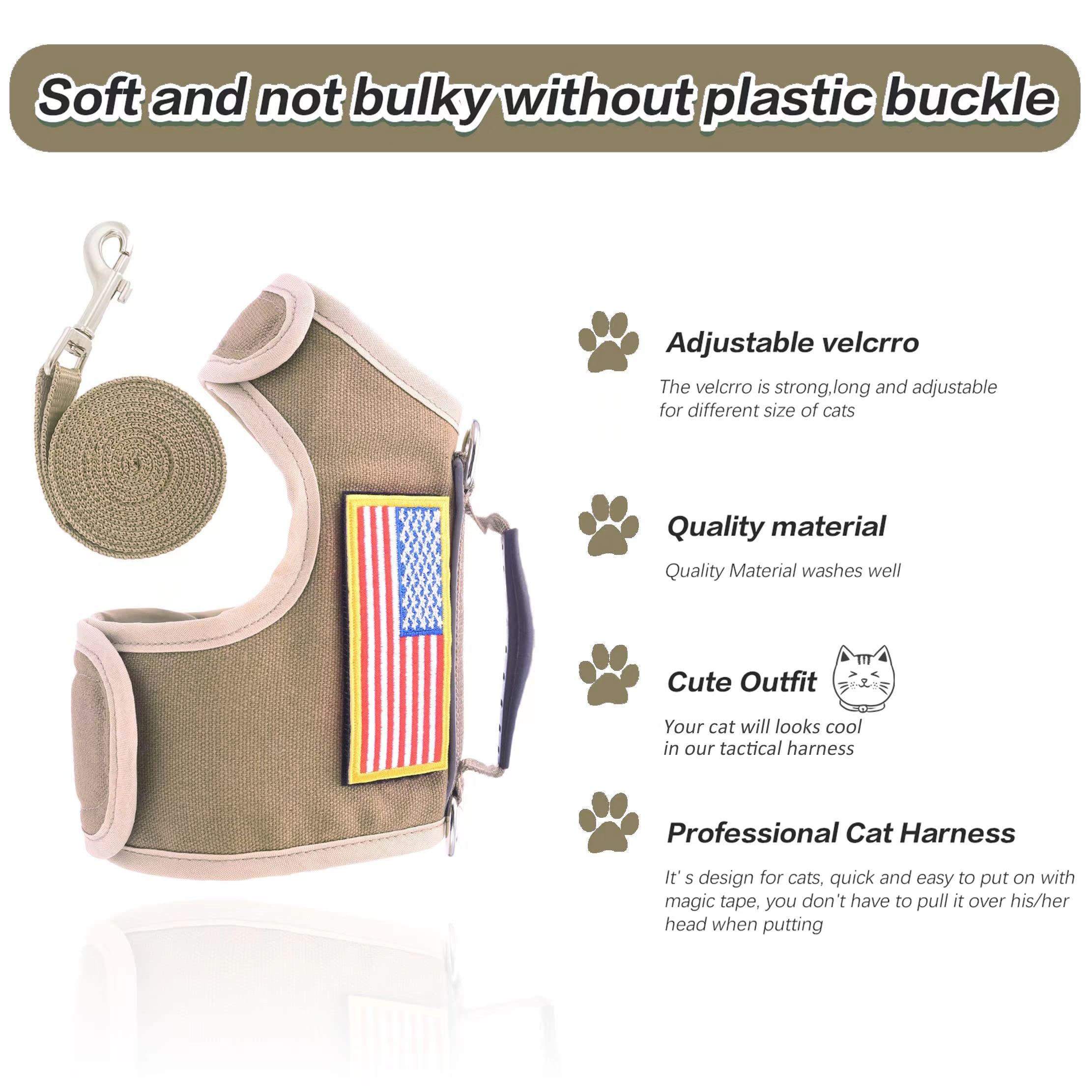 Tactical Cat Harness and Leash for Walking Escape Proof, Adjustable Cat Walking Jackets, Padded Stylish Cat Vest, Khaki, XX-Large