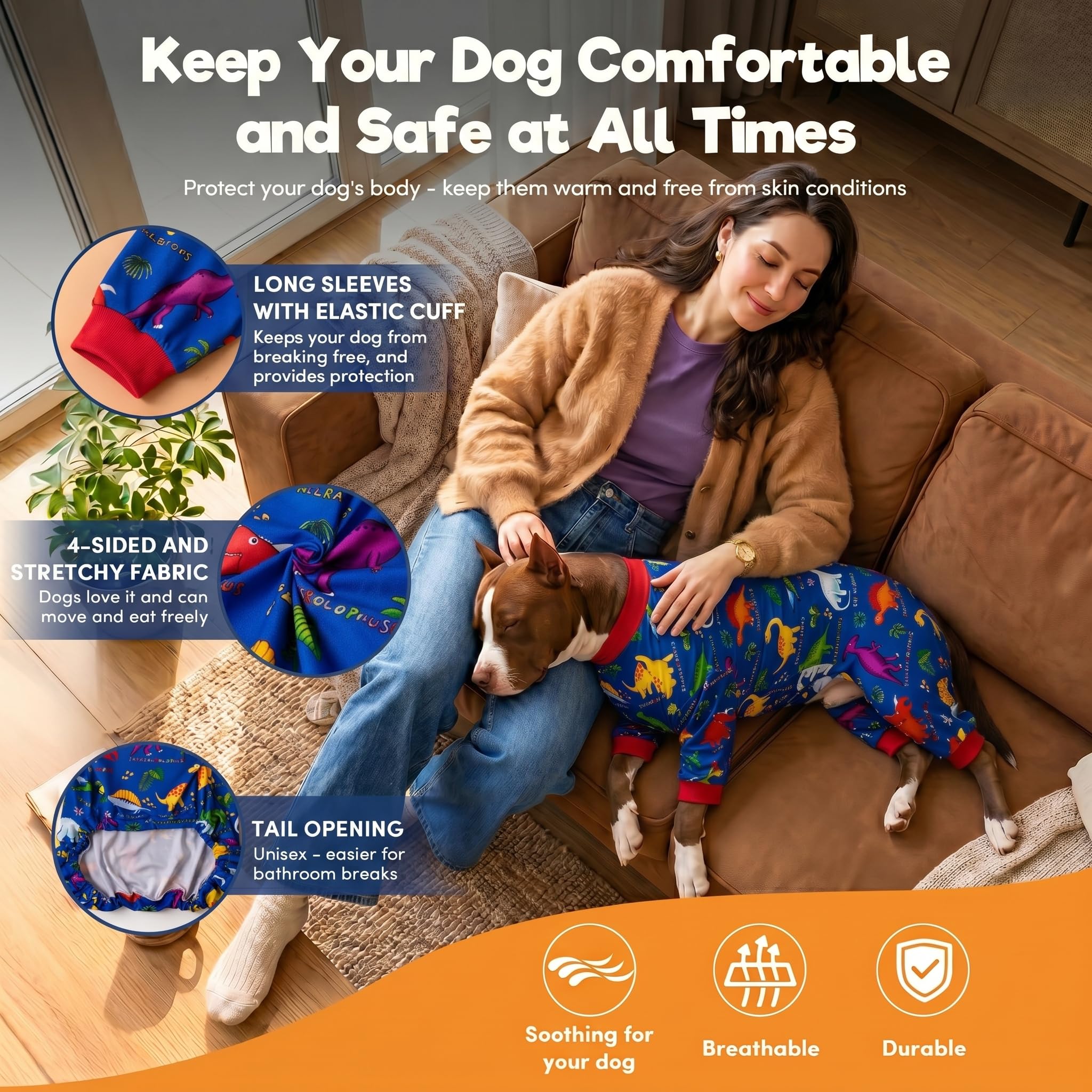 LovinPet Dog Pajamas for Large Dogs, Wound Care, Post Surgery Dog Clothes, Lost World Dinosaurs Print, UV Protection, Pet Anxiety Relief, Large Dog Onesies, Pet PJ's, XL
