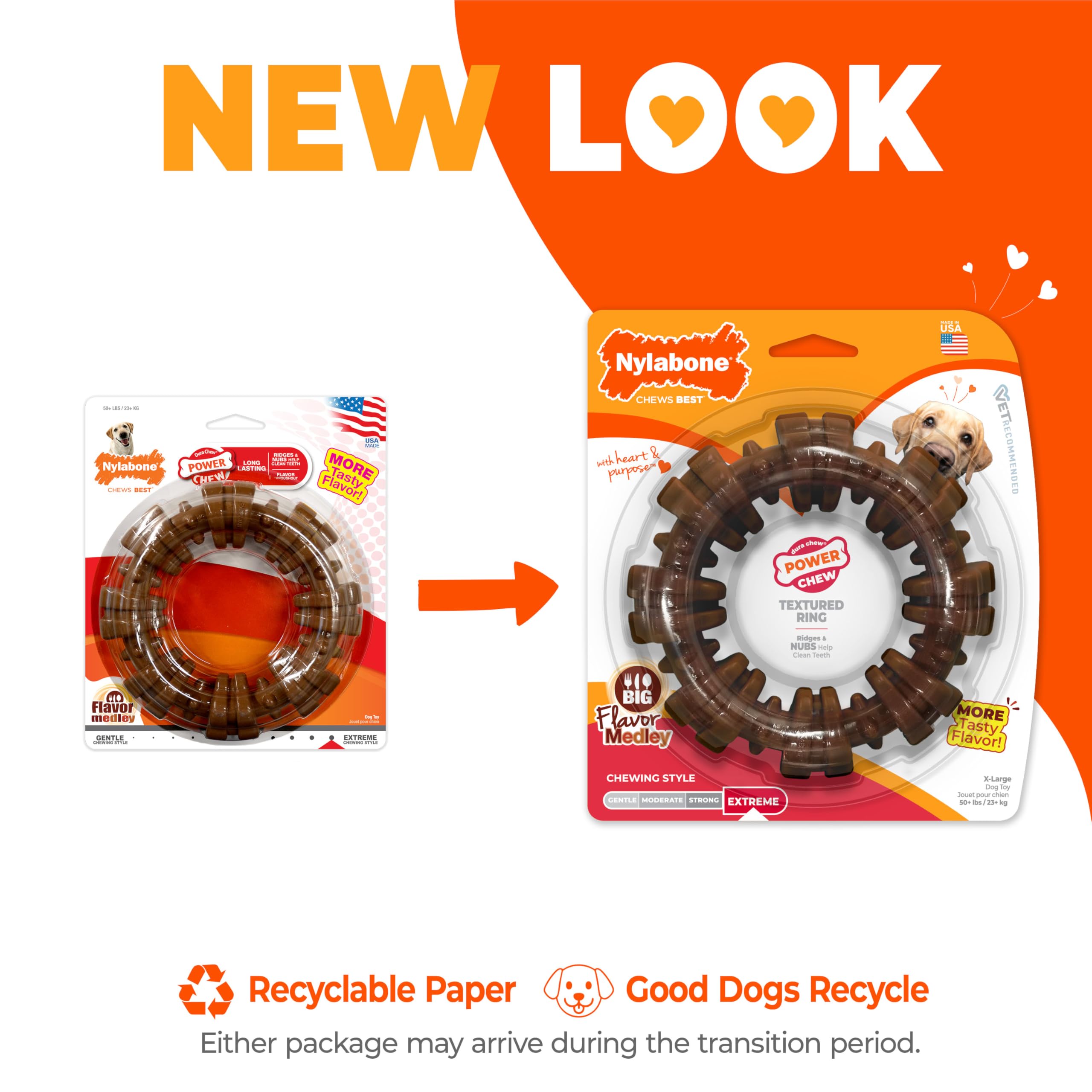 Nylabone Textured Ring Power Chew Toy for Large Dogs, Durable Dog Toys for Aggressive Chewers, Strong Dog Chew Bones To Keep Them Busy, Flavor Medley, X-Large - 50+ lbs, 1 Count