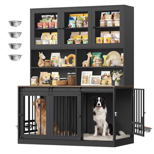 HOSTACK 71" Tall Dog Crate Furniture, 55" W Dog Kennel with Storage Hutch, XL Dog Crate for 2 Dogs with Feeding Bowls, Indoor Heavy Duty Dog Cage with Removable Room Divider, Wooden Pet House, Black