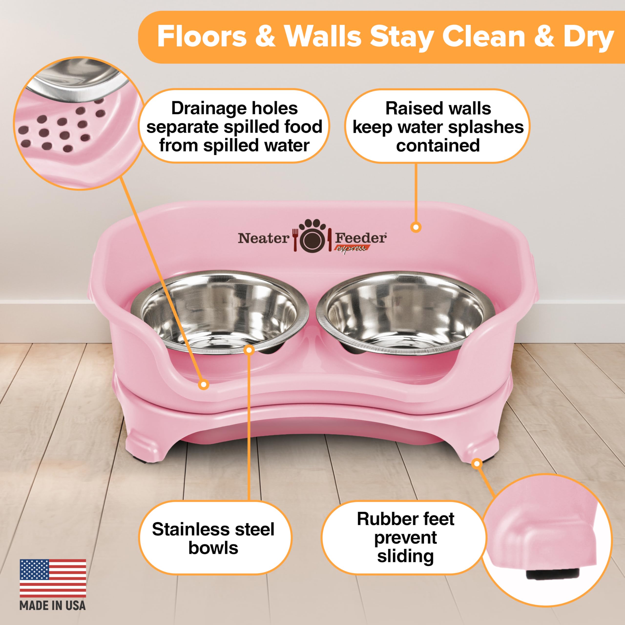 Neater Feeder Express Mess Proof Dog Bowls Elevated for Small Breeds Under 15 Lb, Made in USA, No Spill Raised Dog Food Bowl Stand, Stainless Steel Food and Water Bowl Set, Feeding Station, Pink