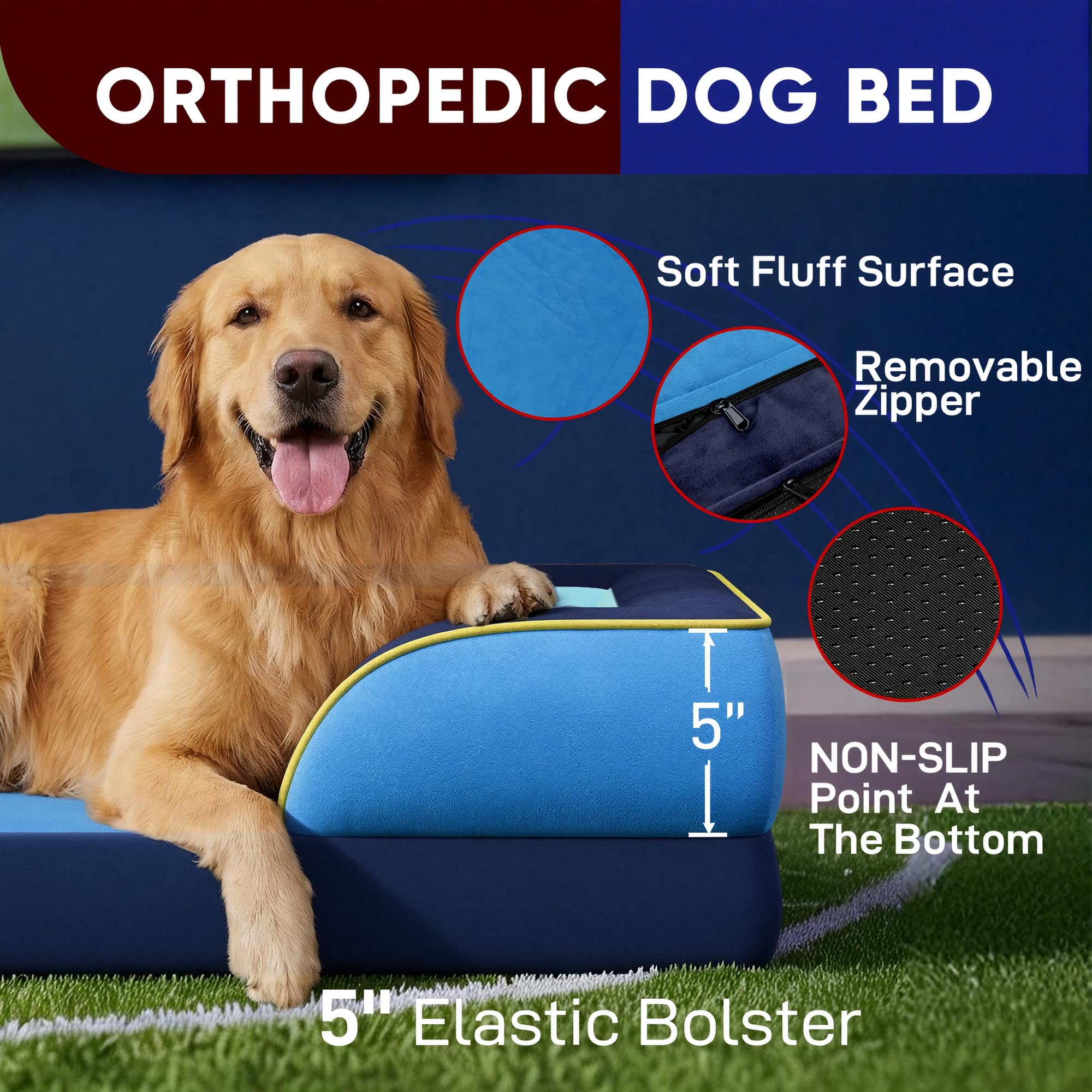 Comfort Expression Orthopedic Dog Bed for Extra Large Dogs 42x30 Inch, Waterproof Egg Crate Foam XL Pet Bed with Bolsters, Dog Couch with Washable Cover & Non-Slip Bottom, New Jersey