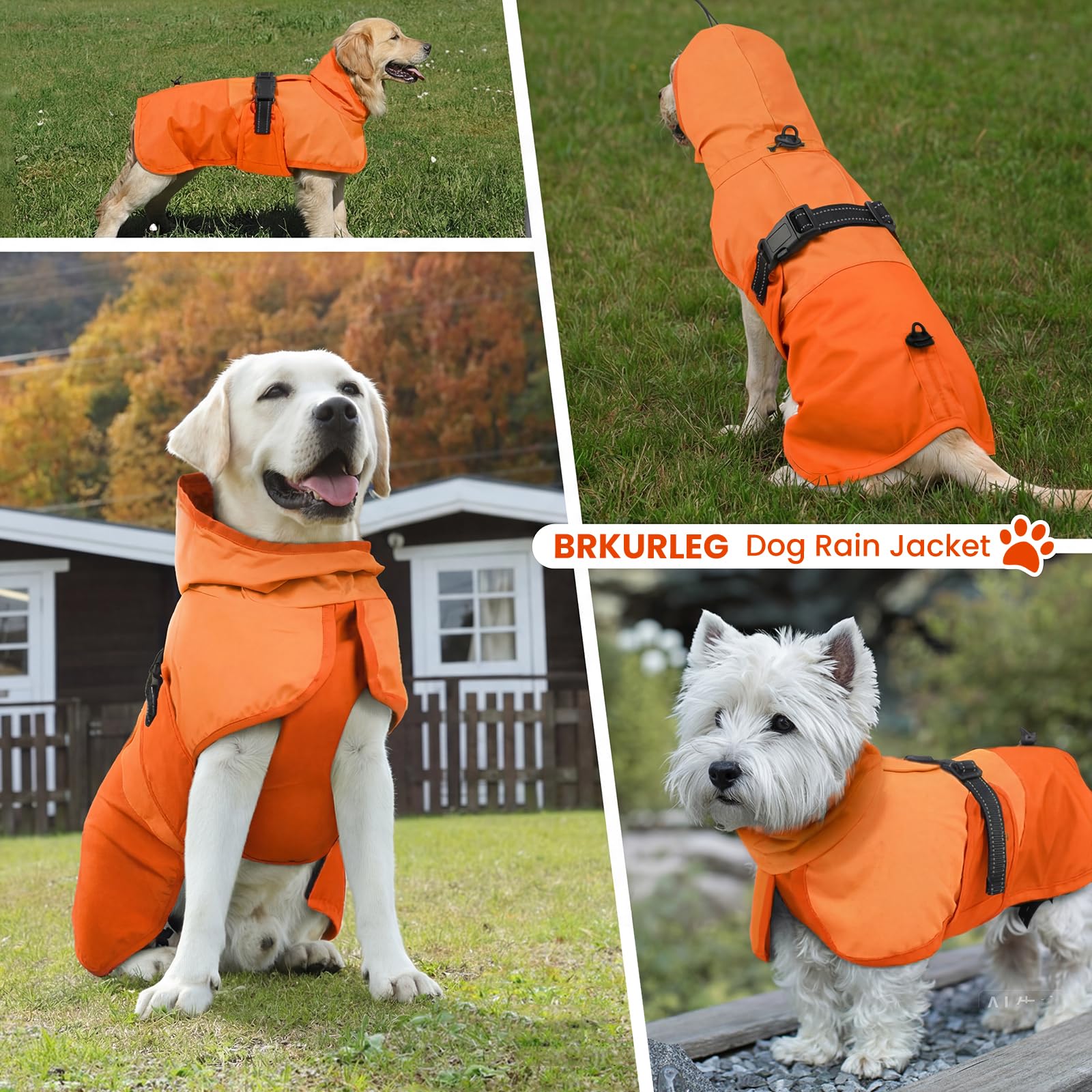BRKURLEG Dog Raincoat for Small Medium and Large Dogs Waterproof Dog Rain Jacket Adjustable Hooded Dogs Raincoat Pet Rain Coat Poncho with Leash Hole, Reflective Strip, Orange, M
