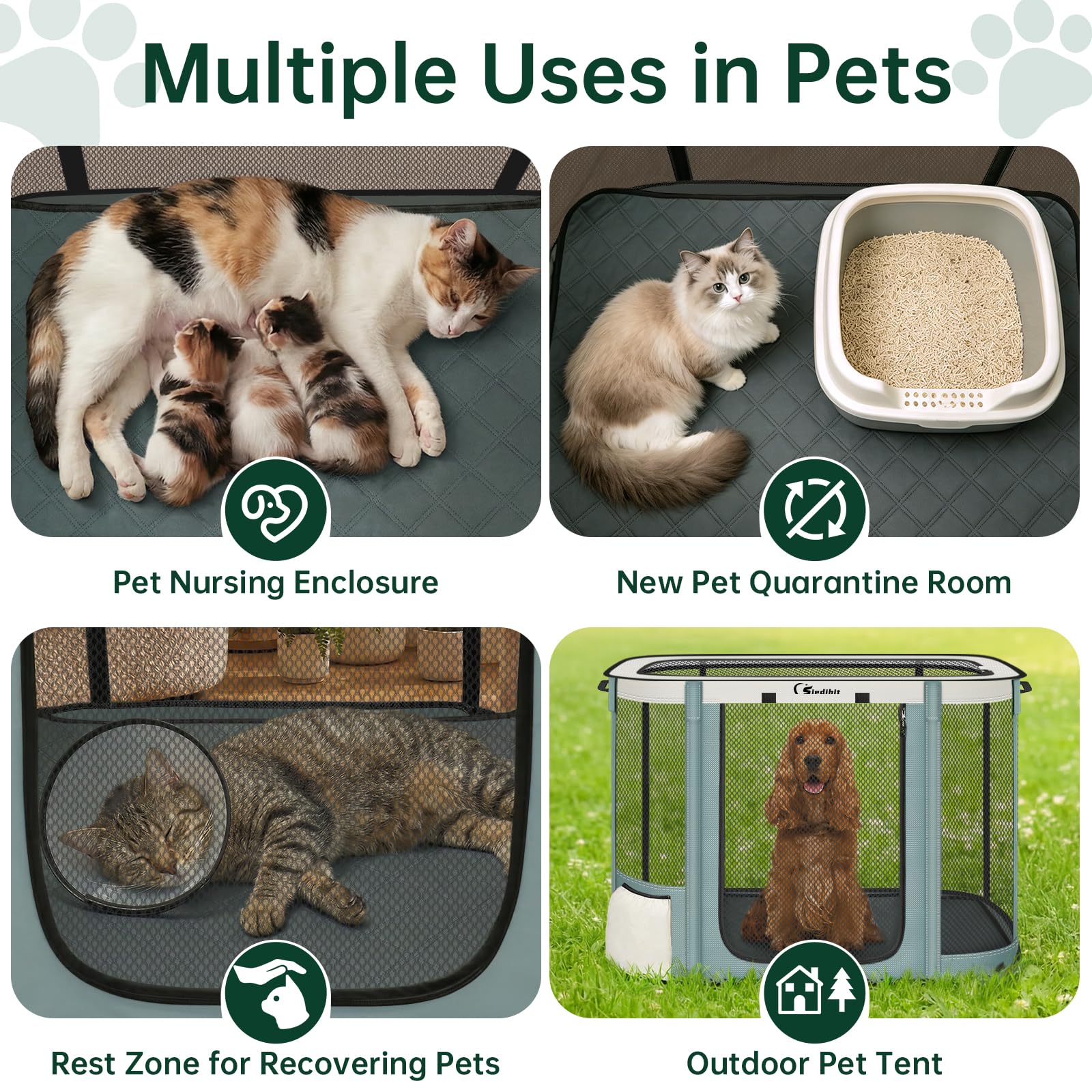 Siedihit Dog Cat Playpen Crate with Washable Pee Pad, Reinforced Durable Dog Cage, Portable Foldable Pet Kennel with Breathable Visibility (Grey with Pad, Large)