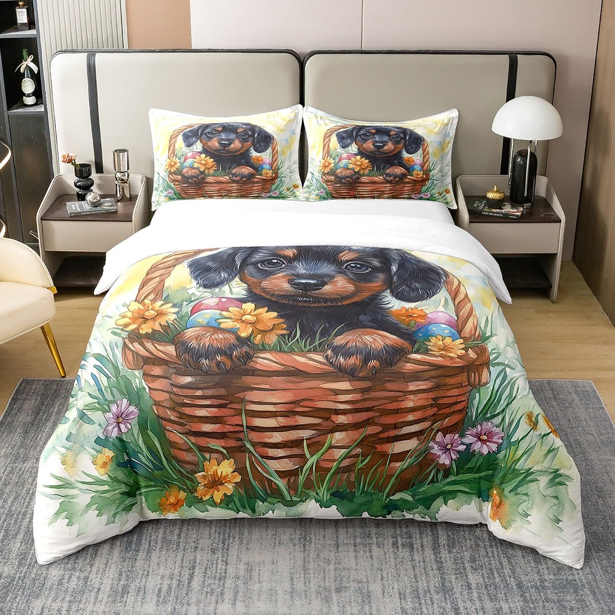 Cute Dog Bedding Set Boys Girls Happy Easter Eggs Duvet Cover Spring Style Lovely Puppy Comforter Cover Kids Bedroom Decor 2Pcs Twin 100% Cotton,No Comforter