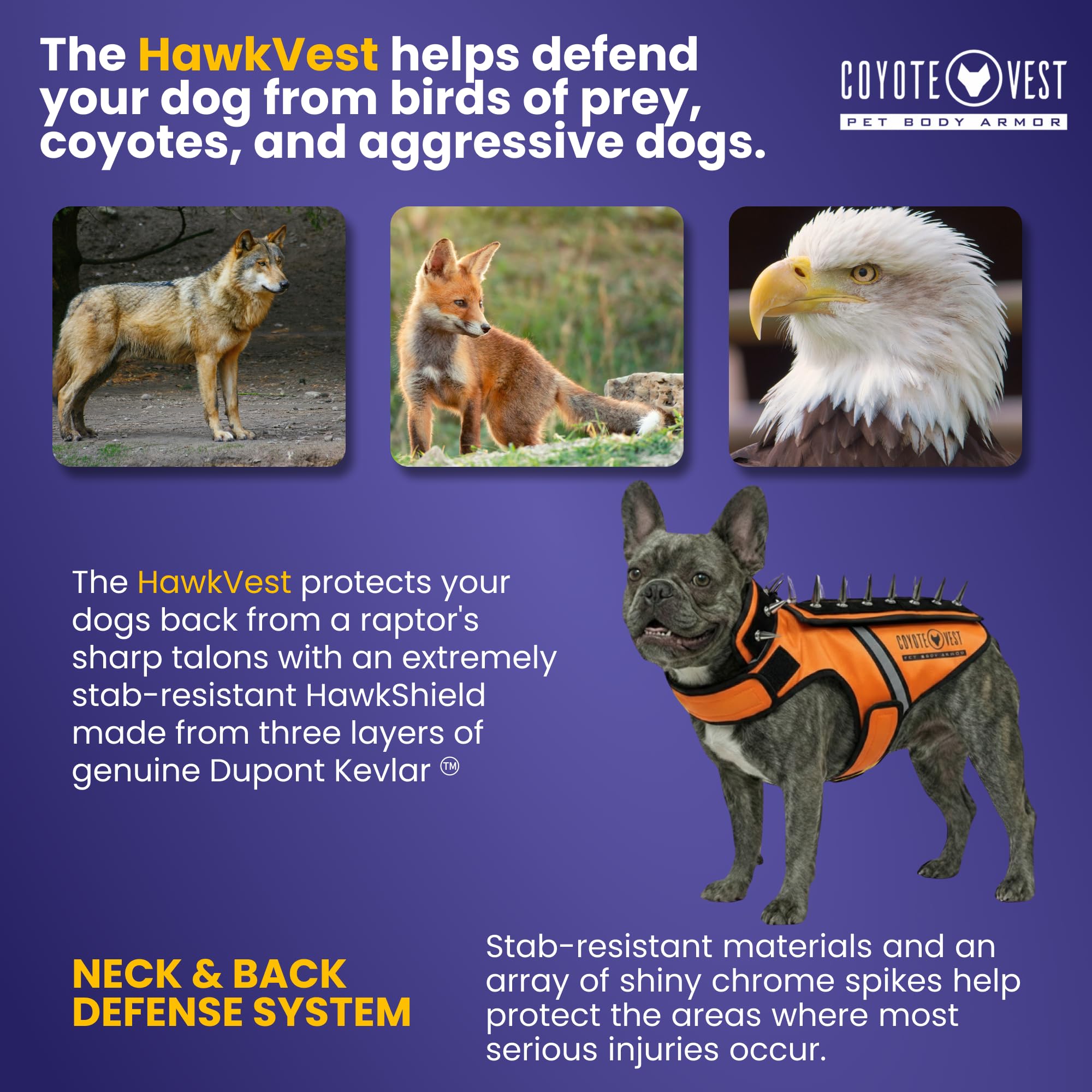 CoyoteVest HawkVest Dog Harness Bundle | Includes SpikeVest & HawkShield Release Pad | Stab-Resistant Protection from Coyotes, Aggressive Dogs & Birds of Prey | Made in USA