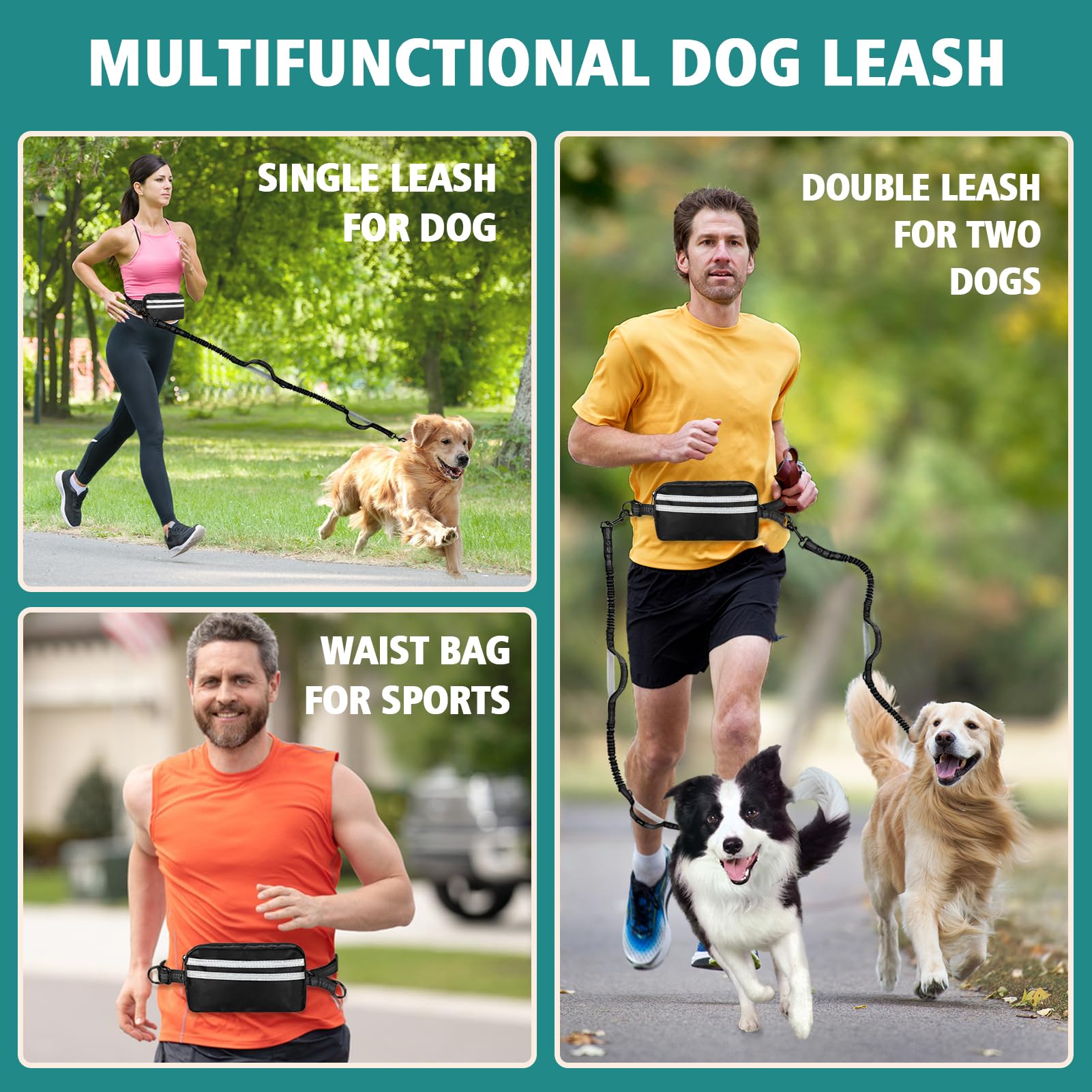 Godyoy Hands Free Dog Leash for 2 Dogs with Safety Lock and Extra-Thick Waist Belt, Waist Leash for Dog Walking Running, Double Retractable Dog Leashes for Two Dogs with Double Padded Handles, Black