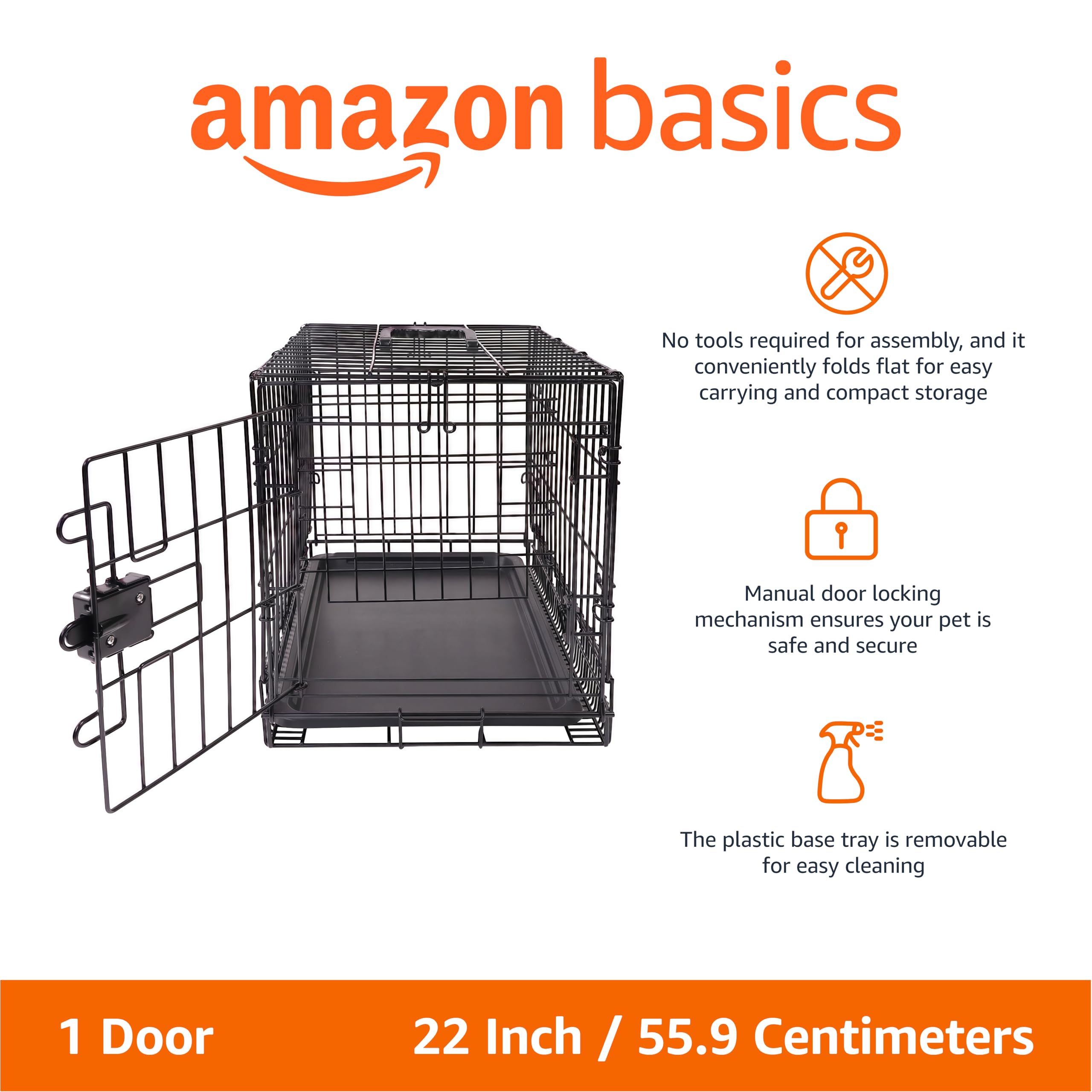 Amazon Basics Portable, Foldable Metal Wire Dog Crate with Removable Tray, Single Door, Divider Panel, Collapsible for Travel, 22 x 13 x 16 in, Black