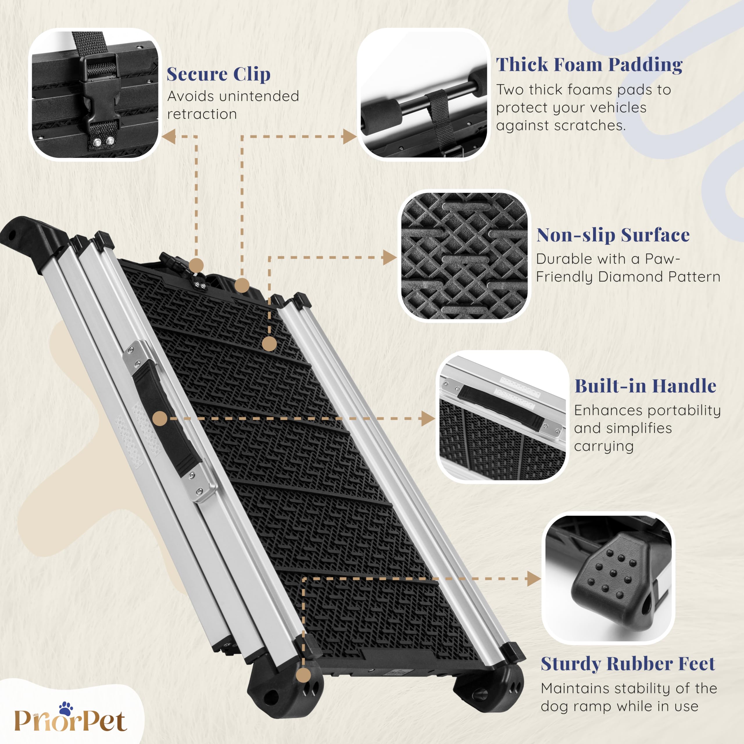 Dog Ramp for Car - Anti-Slip Dog Car Ramp for Large Dogs SUV - Stable 250LBS Capacity - Telescoping Pet Ramp for Car - Portable - Night Safety Reflective Sides - Fixing Clip - Black