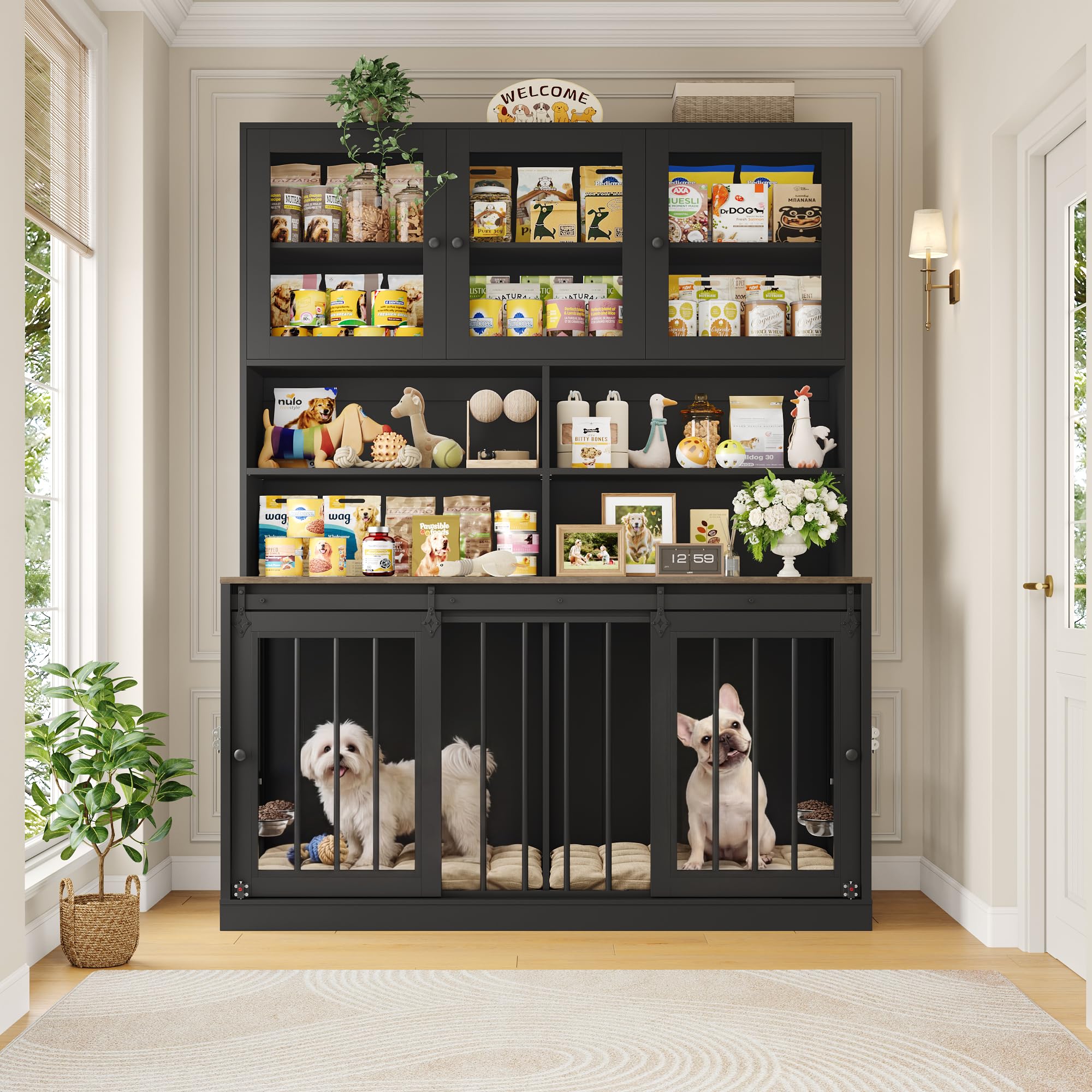 HOSTACK 71" Tall Dog Crate Furniture, 55" W Dog Kennel with Storage Hutch, XL Dog Crate for 2 Dogs with Feeding Bowls, Indoor Heavy Duty Dog Cage with Removable Room Divider, Wooden Pet House, Black
