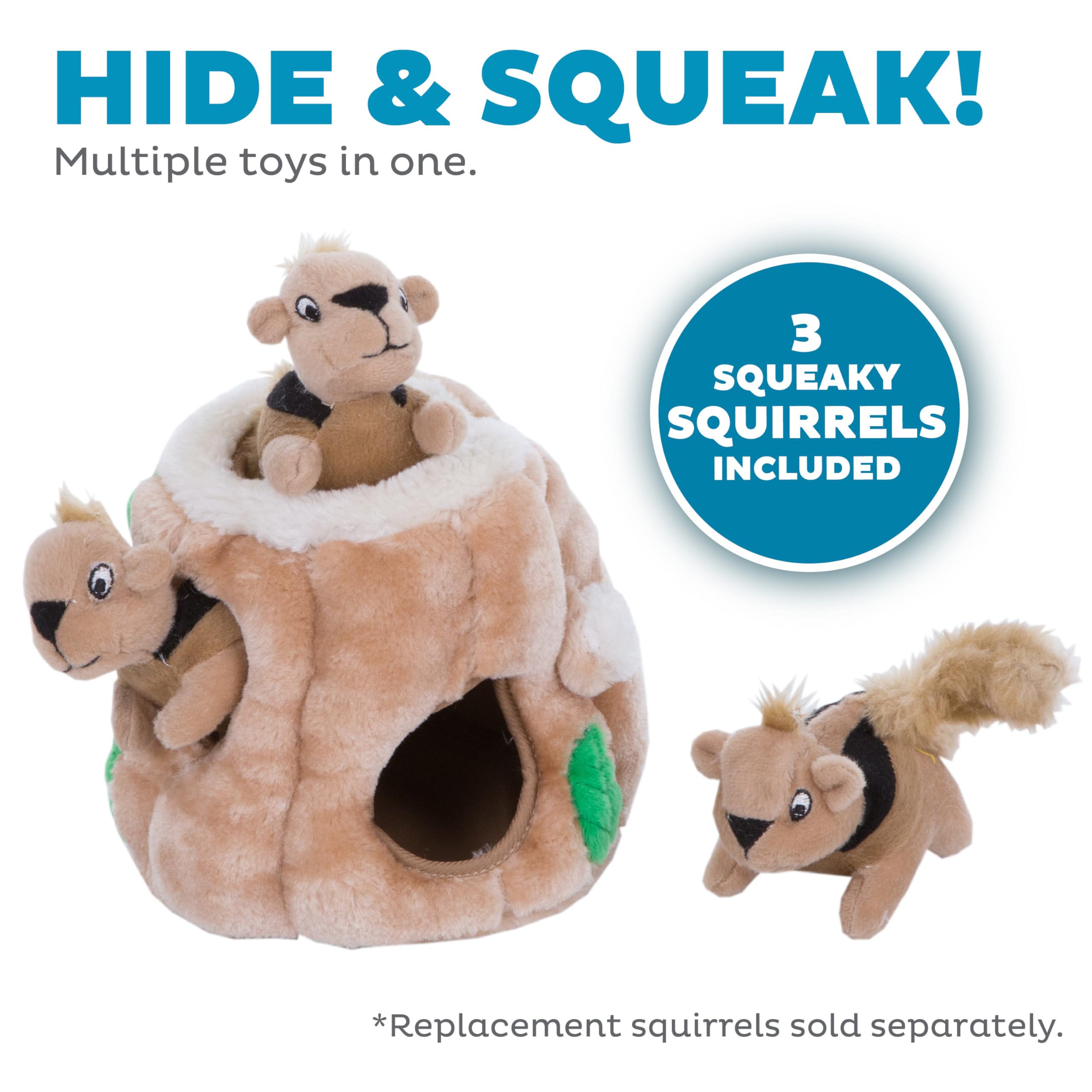 Outward Hound Hide-A-Squirrel Dog Toy – Interactive 2‑in‑1 Plush Puzzle with 3 Squeaky Removable Squirrels, Small