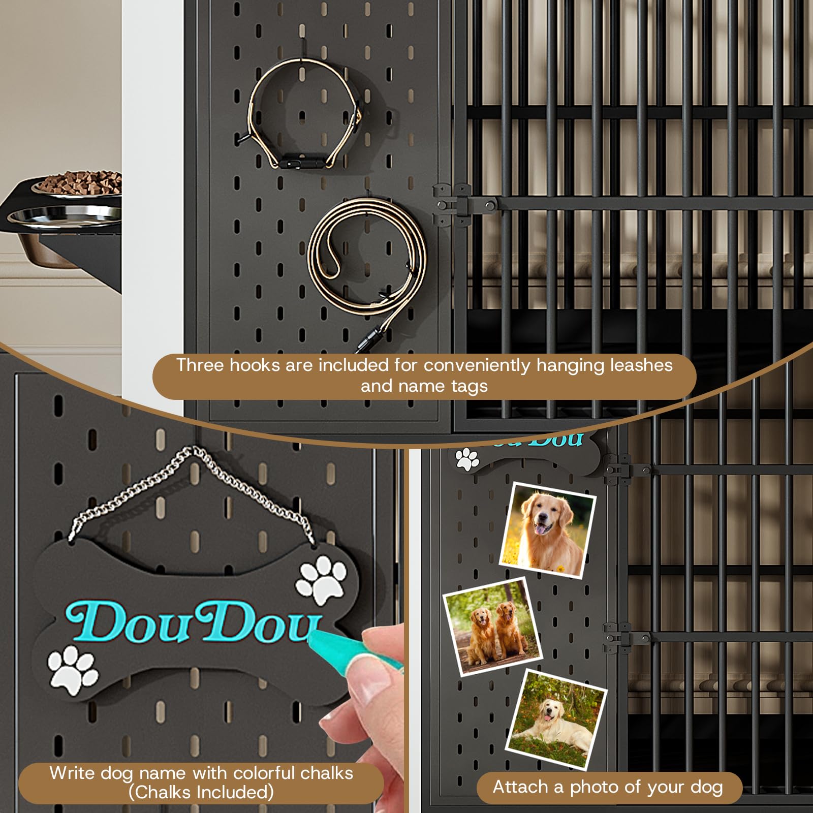 HOTAMO 45" Dog Crate Furniture for Large Dogs, Heavy Duty Wooden Indoor Dog Kennel with 360° Rotating Bowls, 3 Drawers, Name Plate, Pull-Out Tray, Farmhouse End Table, White & Walnut