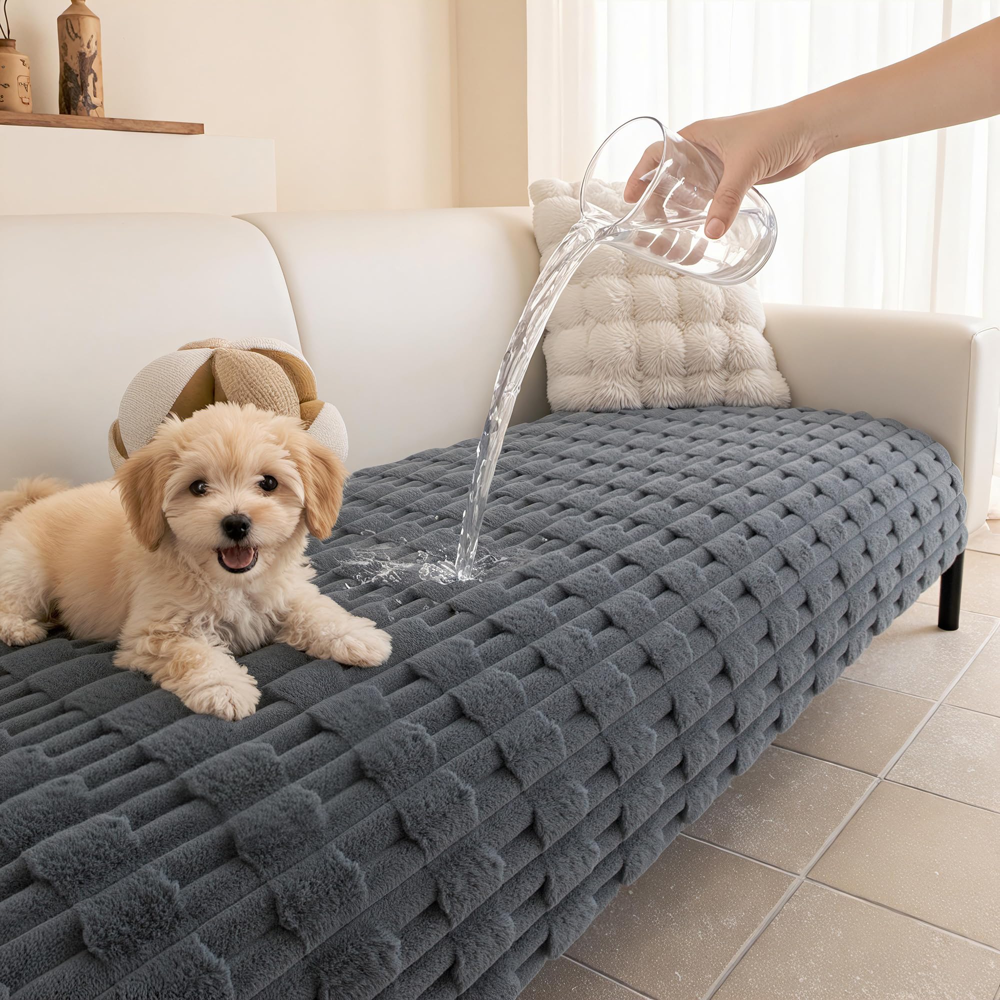 MYSKY HOME 100% Waterproof Couch Cover for Dog, Plush Pet Couch Covers for Sofa Washable, Couch Covers for 2 Cushion Sofa Pet Friendly, Non-Slip Sofa Covers Slipcover Protector, Dark Grey, 35"x63"