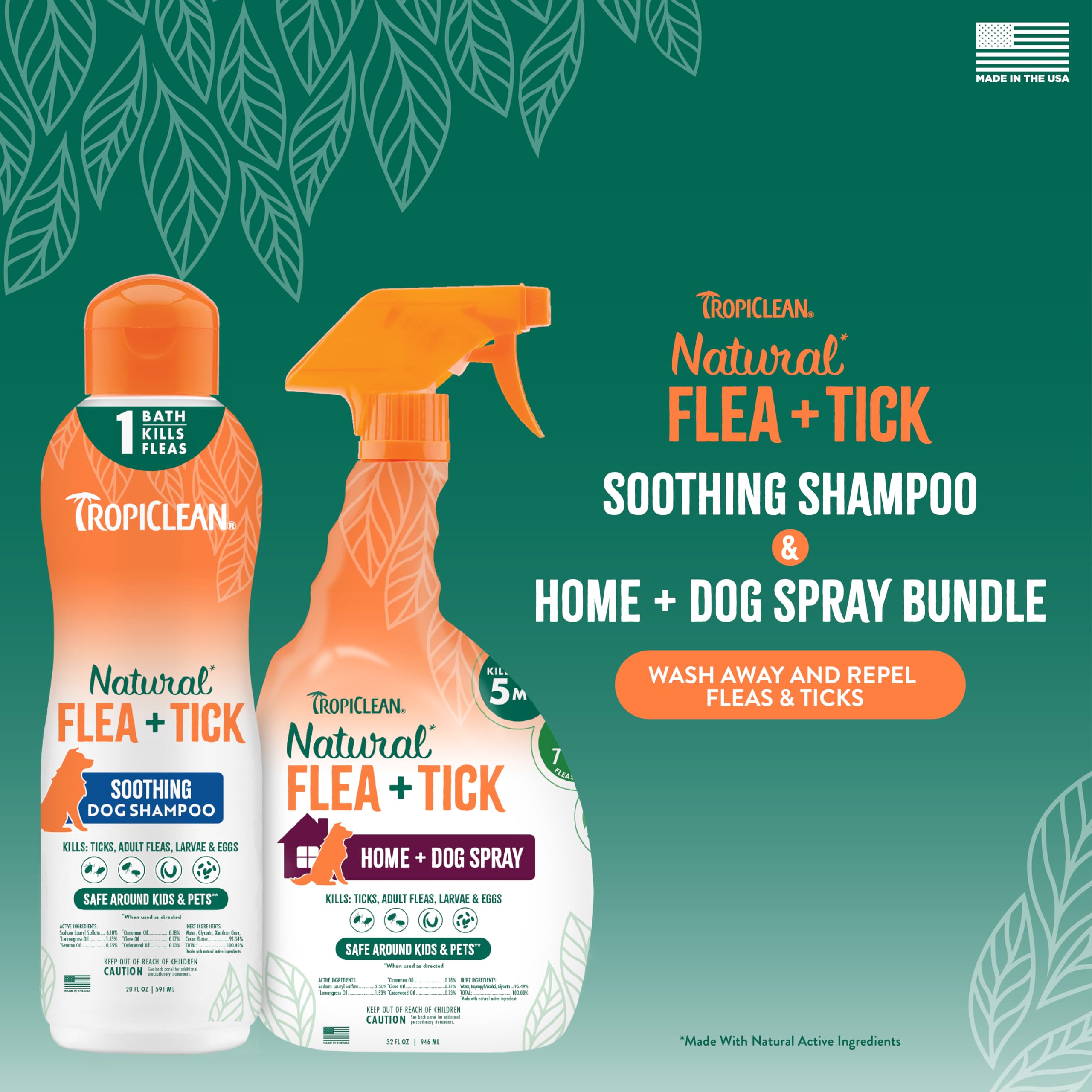 TropiClean Natural Flea & Tick Max Strength Shampoo & Bedding Spray Bundle, Dog Shampoo, Flea & Tick Treatment Protects & Repels - Made in USA