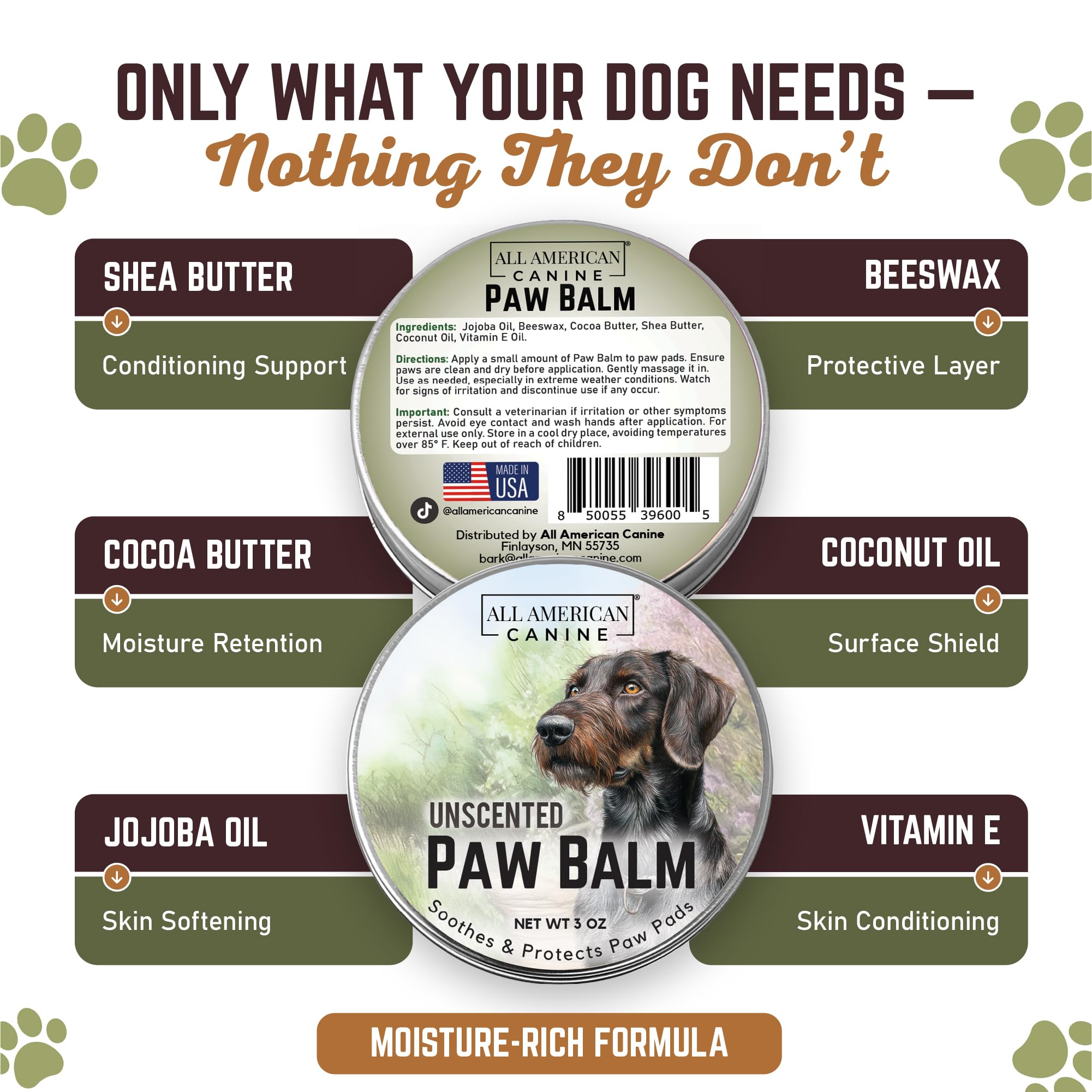 ALL AMERICAN CANINE Soothing Paw Balm with Natural Ingredients for Dog Paw Protection and Nourishment | Suitable for Active, Working, and Sporting Dogs, 3 oz