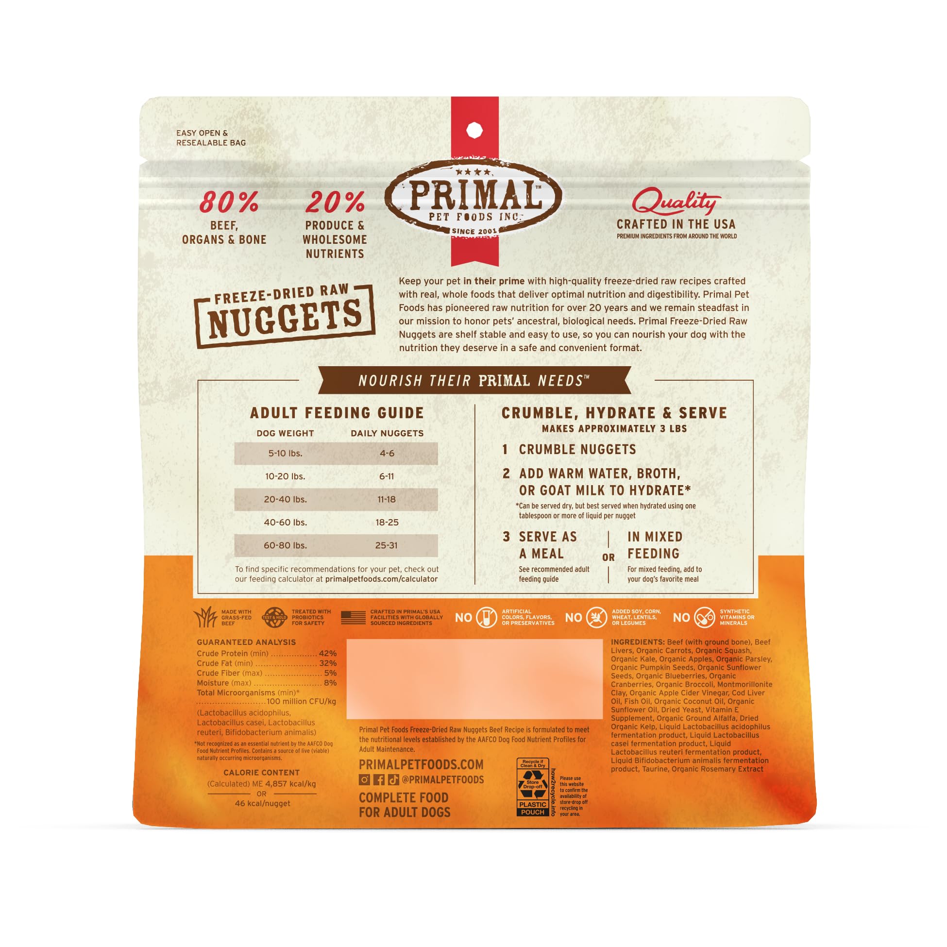 Primal Freeze Dried Raw Dog Food Nuggets, Beef, Complete & Balanced Meal, Also Use as Topper or Treat, Premium, Healthy, Grain Free, High Protein Raw Dog Food, 14 oz