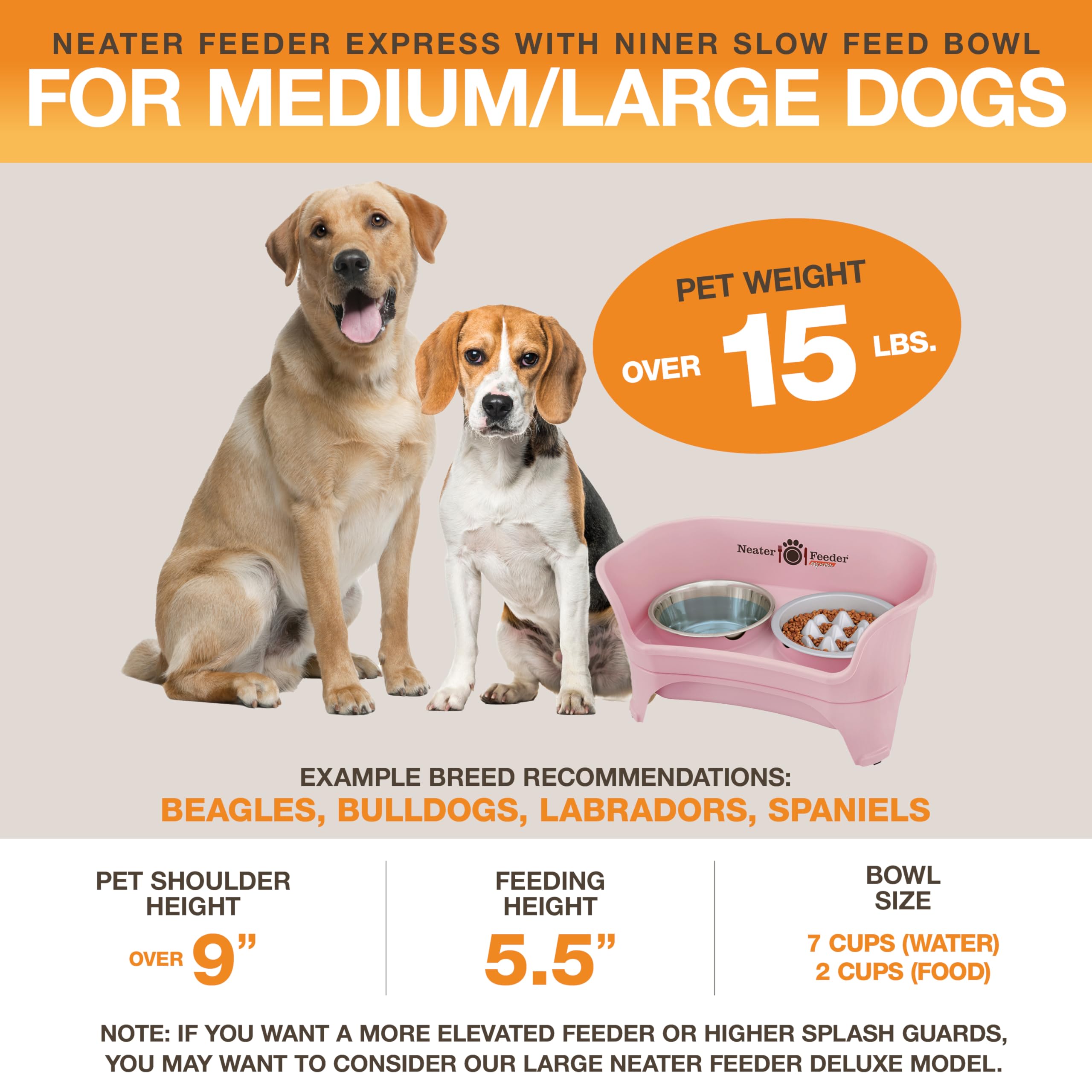 Neater Feeder Express Mess Proof Dog Bowls Elevated for Medium and Large Breed – Made in USA – No Spill Raised Slow Feeder Elevated Dog Bowl Stand, Slow Feed Food and Water Bowl Set, Pink