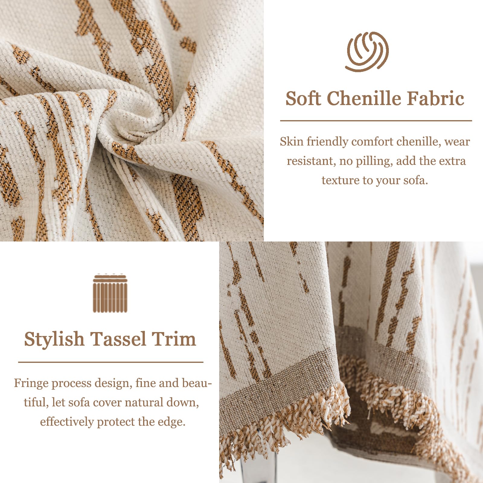DREAMINGO Sofa Slipcover Washable Couch Cover for Dogs Striped Jacquard Chenille Modern Pet Dog Furniture Protector Covers for 3 Seater Sofa Sectional L Shape Couch, Beige Coffee, 71"x150"