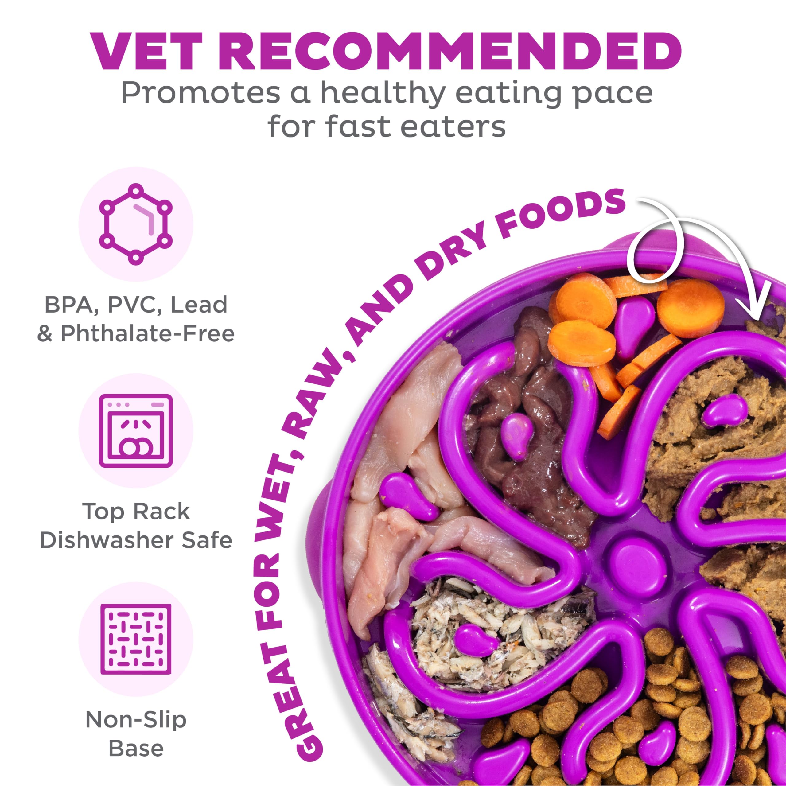 Outward Hound Fun Feeder Slo Bowl – Large 4‑Cup Capacity, Slow Feeding, Medium to Large Dogs, Non‑Slip, Purple, Flower Pattern
