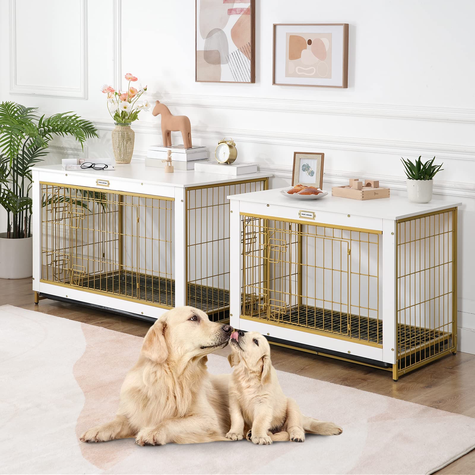 HOOBRO Dog Crate Furniture, 32.5" Medium Dog Kennel Indoor, Wooden Cage with Pull-Out Tray, Double Doors Pet House Side End Table for Medium/Small Dogs, White DW802GW03