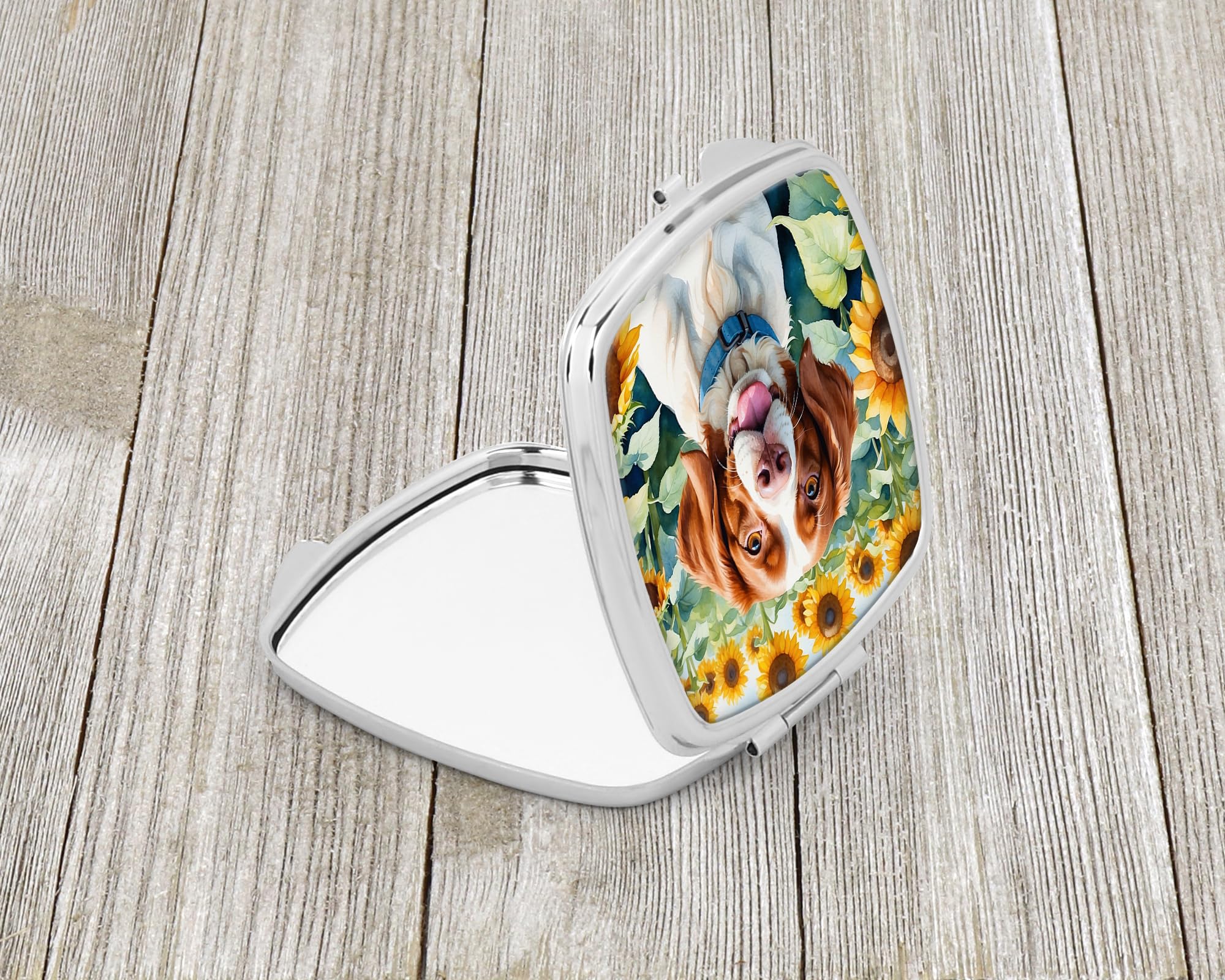 Caroline's Treasures Brittany Spaniel in Sunflowers Compact Mirror Decorative Travel Makeup Mirror for Women Girls Gifts Pocket Makeup Mirror Folding Handheld