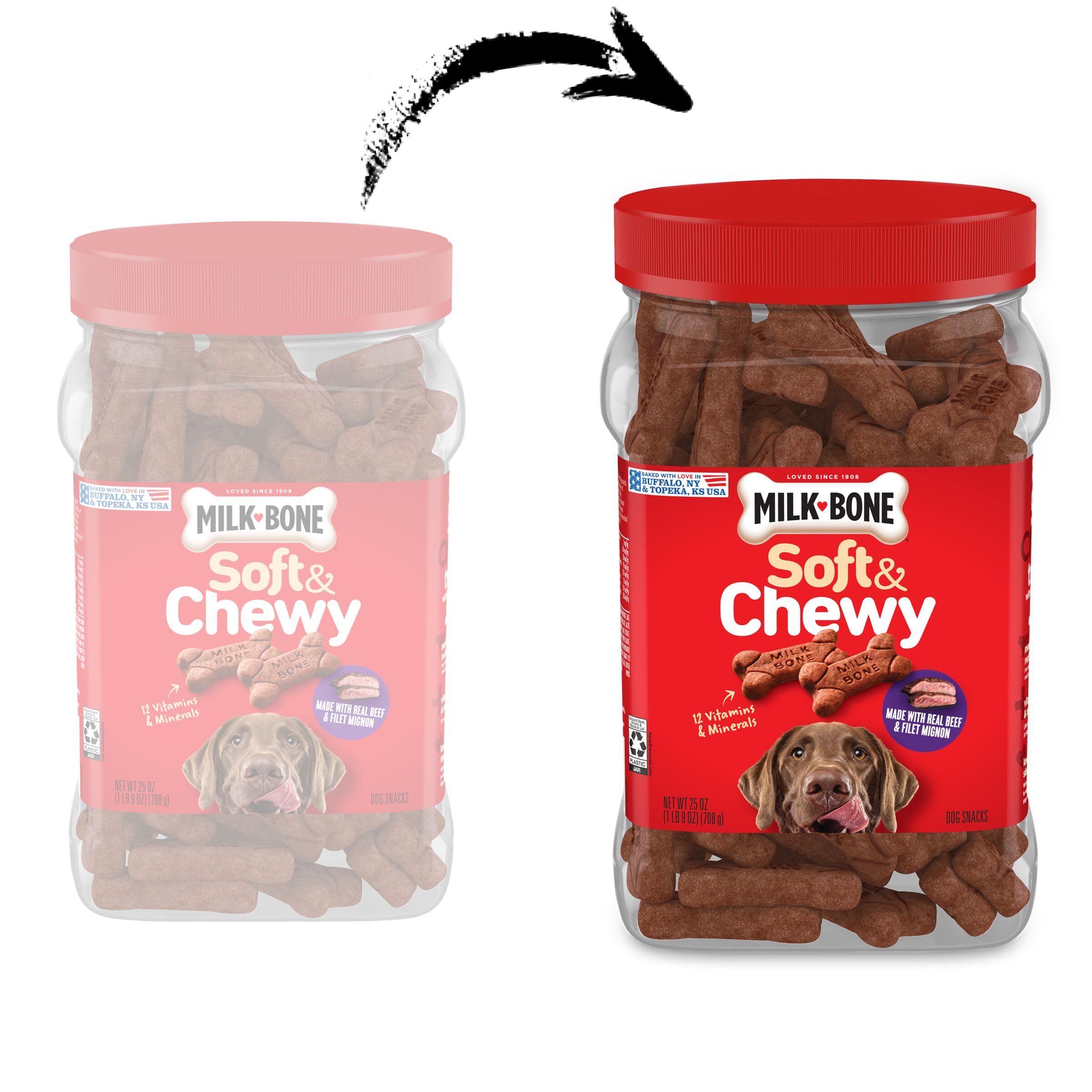 Milk-Bone Soft & Chewy Dog Treats, Made with Real Beef & Filet Mignon, 25 Ounce Canister