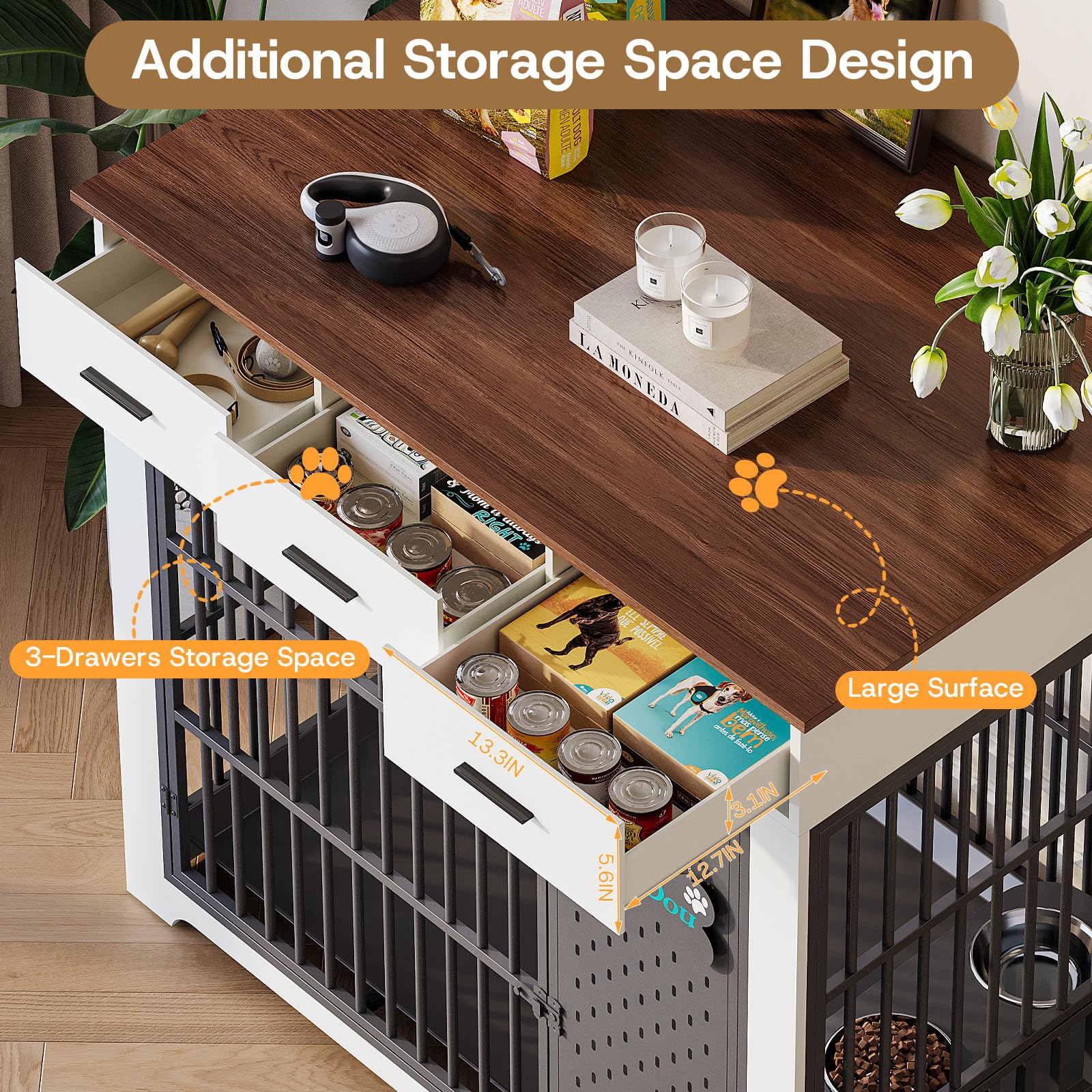 HOTAMO 45" Dog Crate Furniture for Large Dogs, Heavy Duty Wooden Indoor Dog Kennel with 360° Rotating Bowls, 3 Drawers, Name Plate, Pull-Out Tray, Farmhouse End Table, White & Walnut