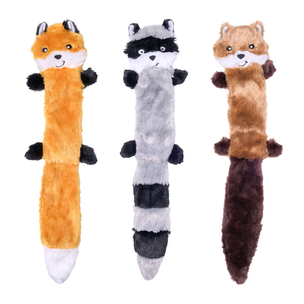ZippyPaws Skinny Peltz - No Stuffing Dog Toy Pack to Keep Them Busy, for Medium and Large Dogs, Squeaky Pet Toys, Unstuffed Chew Toys, Soft Plush Variety Pack, Fox, Raccoon, and Squirrel - 18"