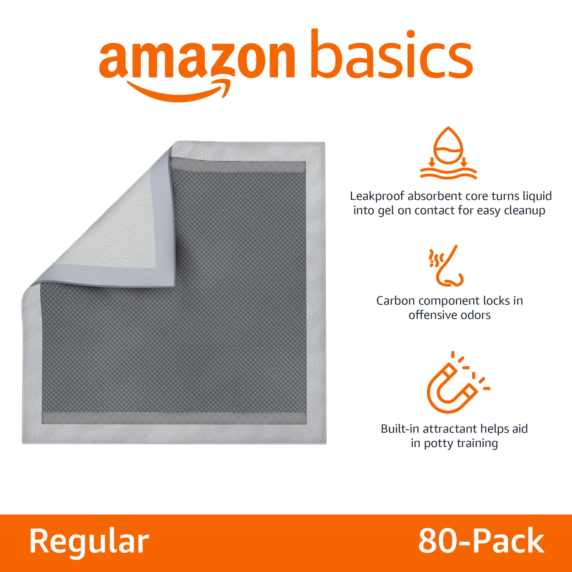 Amazon Basics Carbon Odor Control Dog and Puppy Pee Pads, 5-Layer Leak-Proof Super Absorbent, Quick-Dry Surface for Potty Training, Regular Size 22"x22", Gray, 120 Count