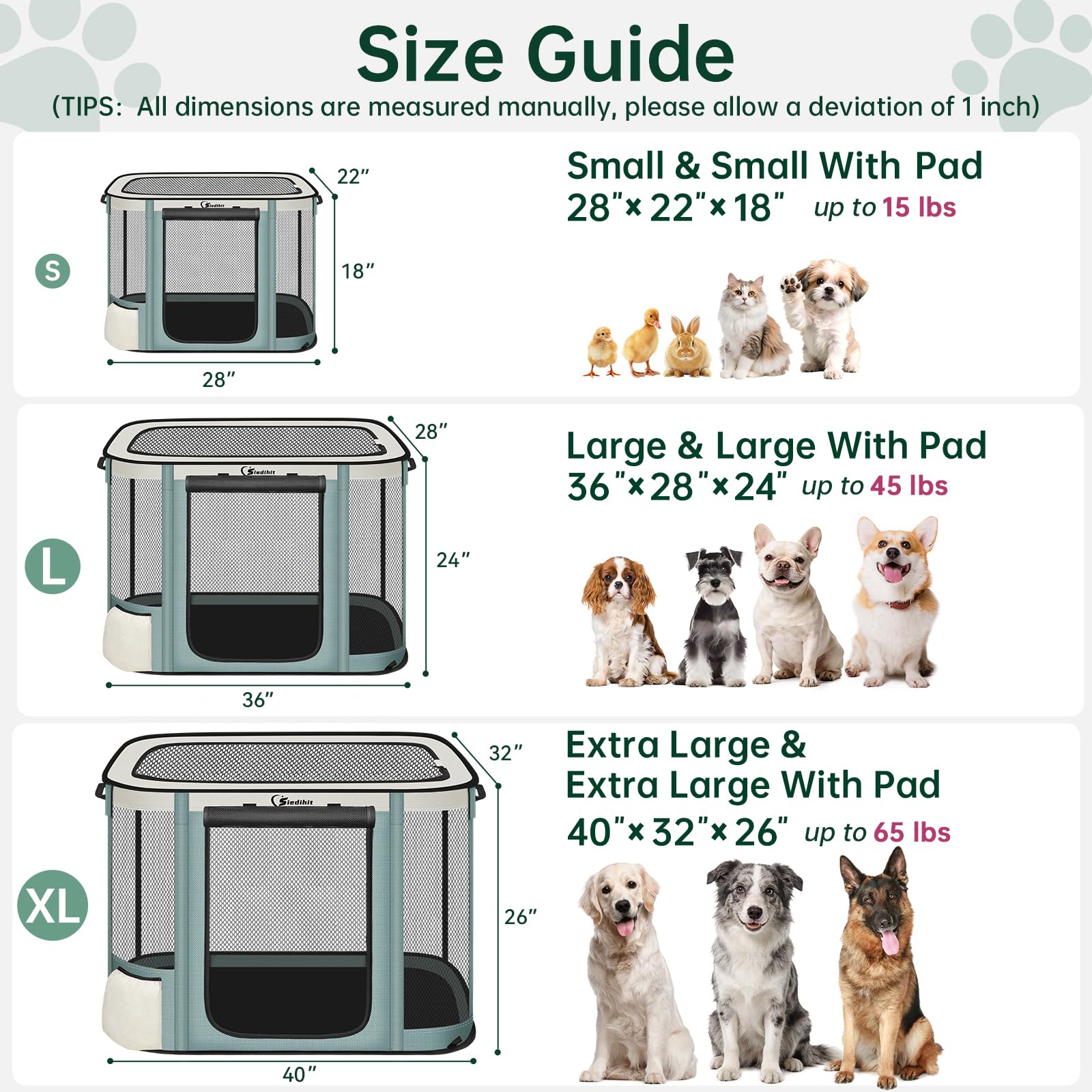 Siedihit Dog Cat Playpen Crate with Washable Pee Pad, Reinforced Durable Dog Cage, Portable Foldable Pet Kennel with Breathable Visibility (Grey with Pad, Large)