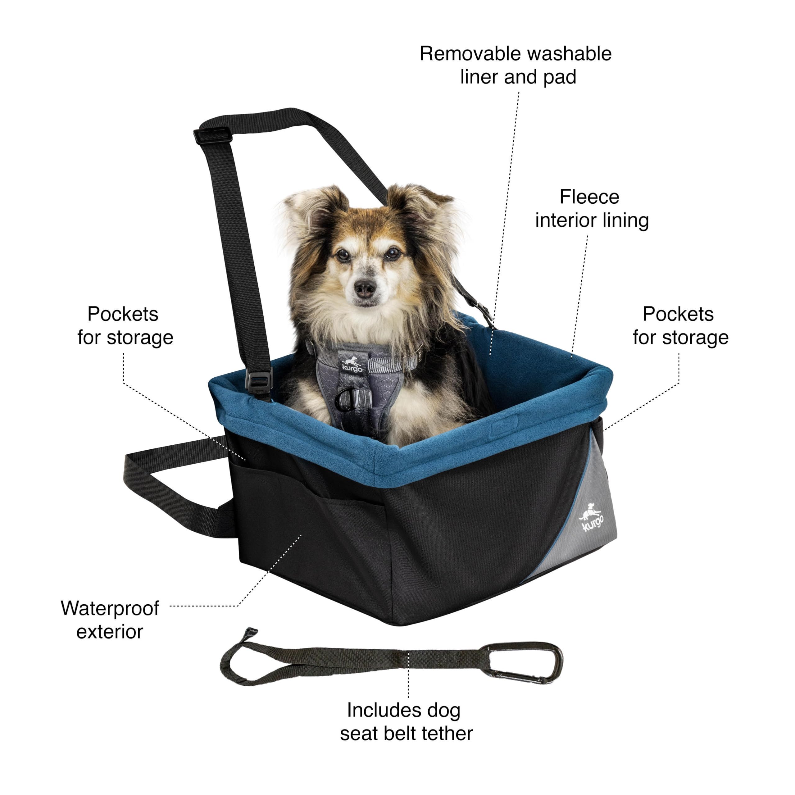 Kurgo Dog Booster Seat - Keeps Dogs Secure & Comfortable - Waterproof Exterior - Removable Washable Liner - Dog Car Seat with Harness Strap - Collapsible - Rover Style - Black/Blue
