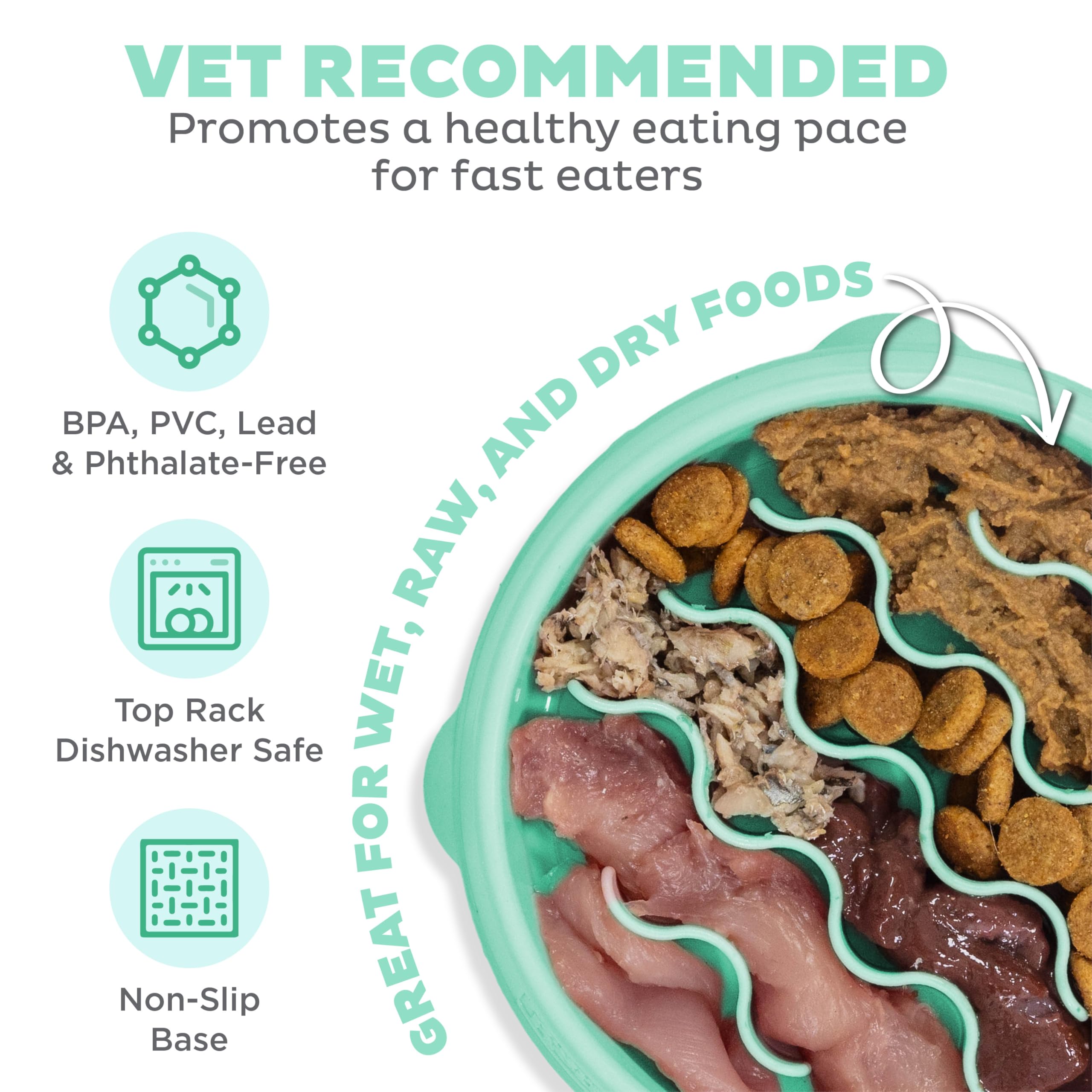 Outward Hound Fun Feeder Slo Bowl – Small 3/4-Cup Capacity, Slow Feeding, Small Dogs, Puppies & Cats, Non-Slip, Mint, Wave Pattern