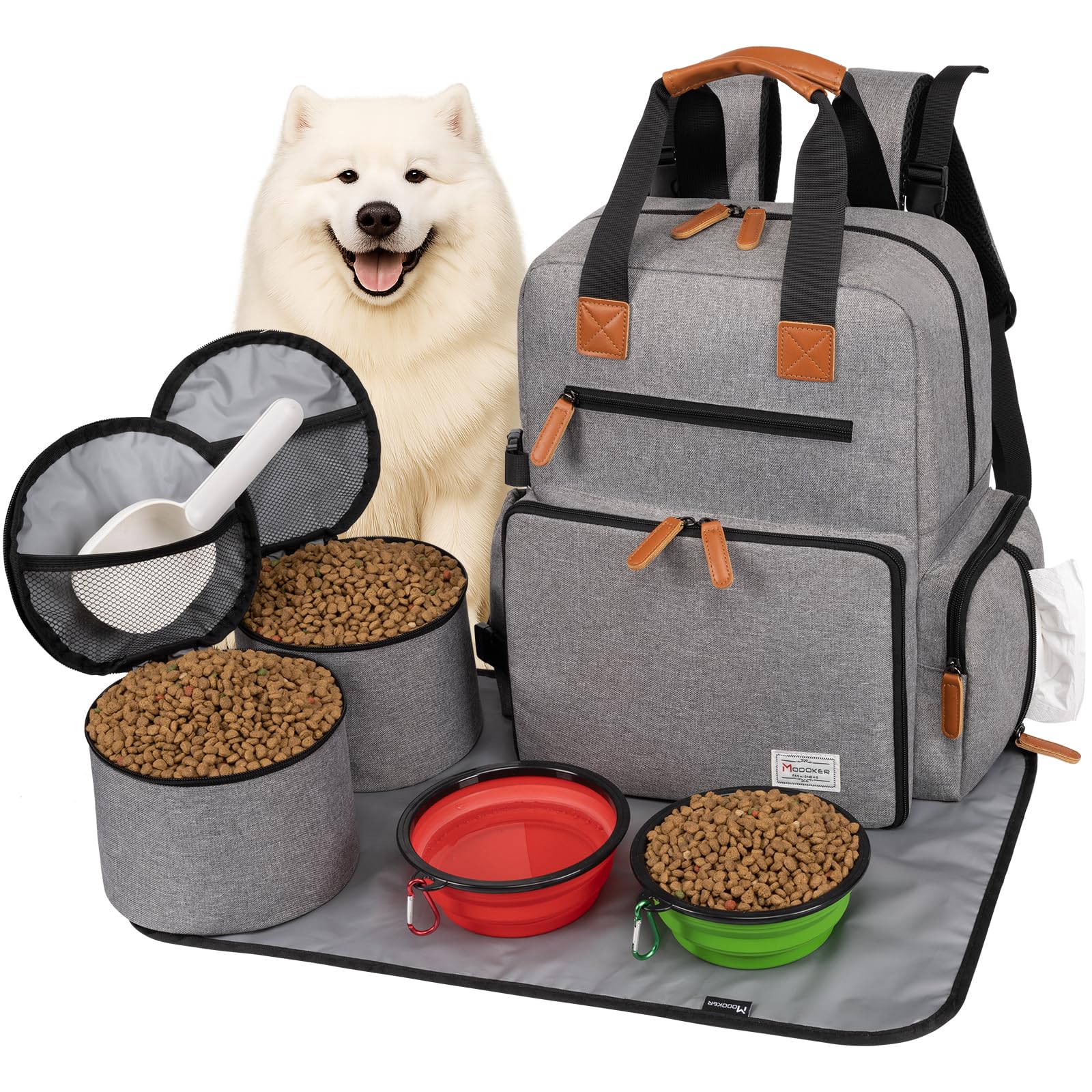 Modoker Dog Travel Bag, Airline Approved Backpack for Pet Accessories Organizer, Tote Weekend Bag with 2 Food Storage Containers, 2 Collapsible Dog Bowls, 1 Pet Mat, Grey