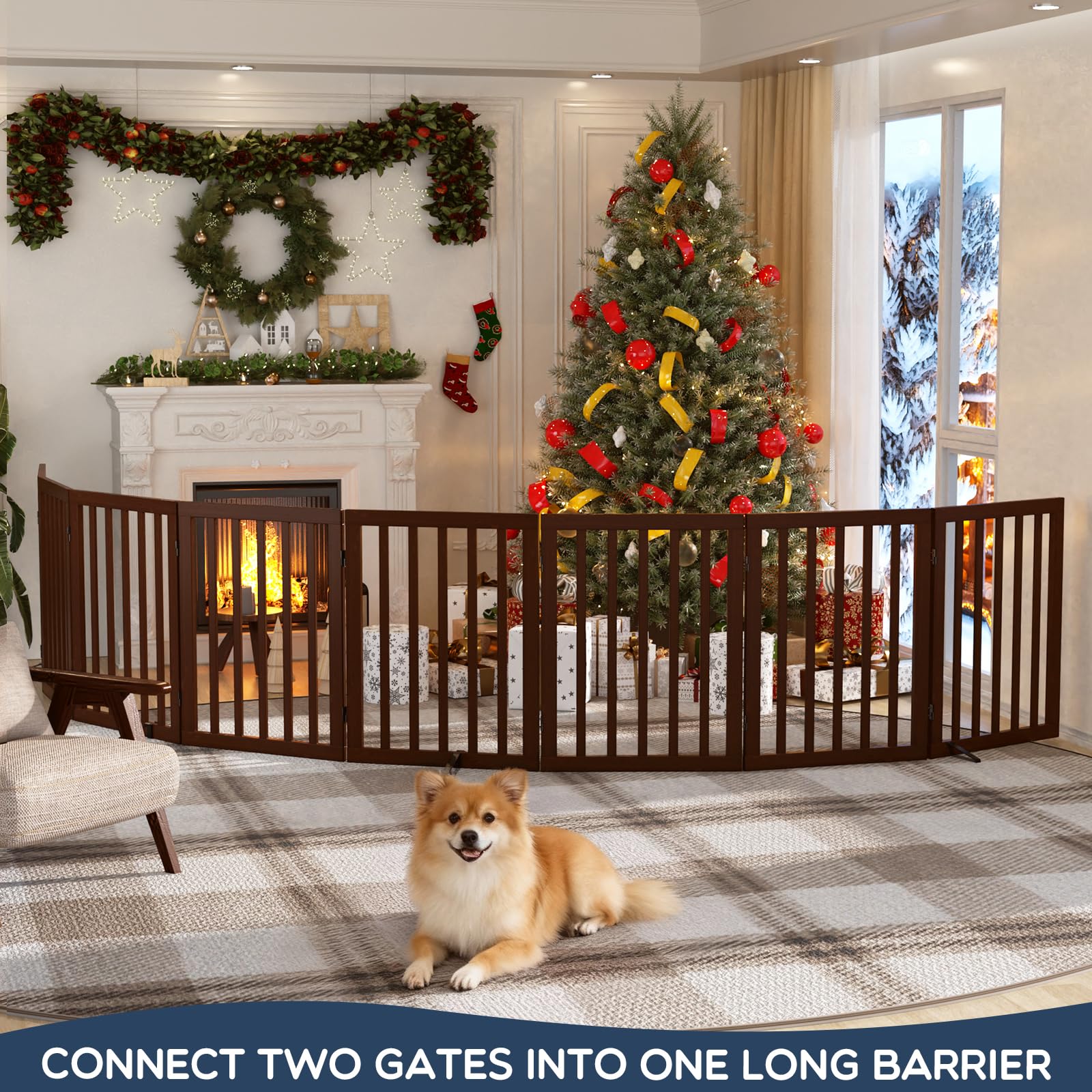 Homykic Bamboo Freestanding Dog Gate, No Assembly Pet Gate Indoor, 24”H x 75”W Extra Wide Foldable Puppy Barrier Fence with Support Feet for the House, Doorways Stairs, 4 Panels, No Drillings, Walnut