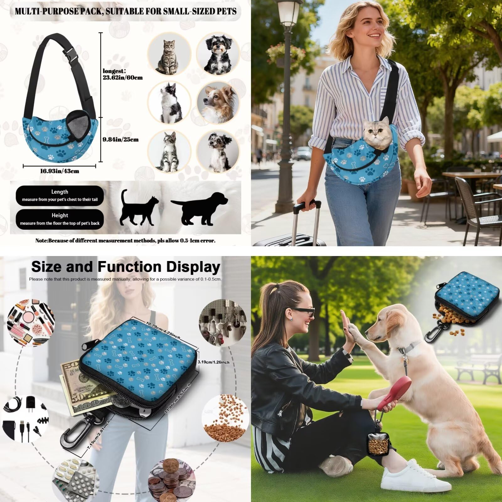 COEQINE Blue Dog Paw Print Purses for Women Dog Owner Gifts,Dog Carrier Sling for Small Puppy and Dog Training Treat Pouch Poop Bag Dispenser Storage Easily Carries Dog Necessities,2pcs